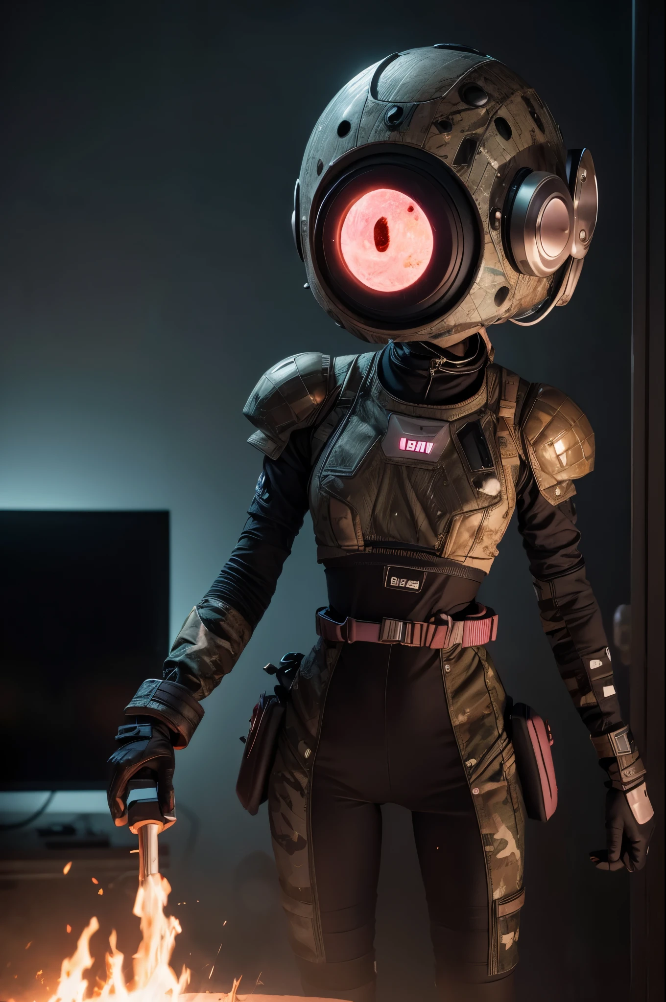 A Modern flat toon Crazy whit a Big ONE a Only Eye Robot and helmet Style, tongs in hands, Tv head, pinhead, camouflage PINK Rusty, Ambient in a meteorite crater super detailed, center, beautiful, soft lighting, focused on the character, 4K resolution, photorealistic rendering,