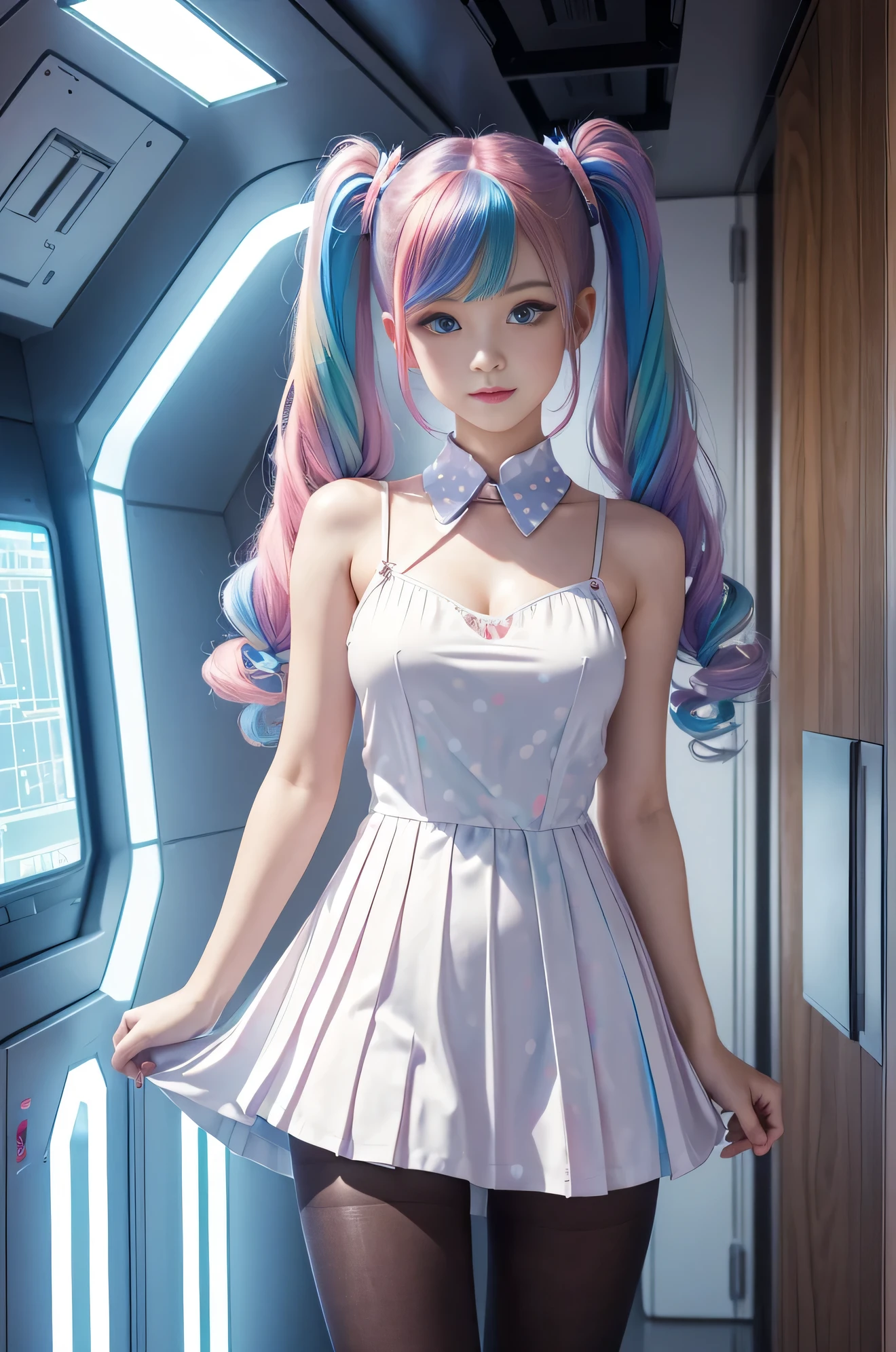 Cute redhead, gravure Idol, with rainbow colored hair tips, ribbons in her hair, 18-year-old woman, happy, in twin tails, perfect symmetrical eyes, clear sparkling blue eyes, pale skin, silky smooth skin, standing on a fancy luxurious space ship, large futuristic corridor, control panels, wood trim, decorative plants, warm lighting, wearing a futuristic party dress, pleated (chemise) mini dress (pastel rainbow colors, and polka dots), wearing full body pantyhose, cute short cut booties.