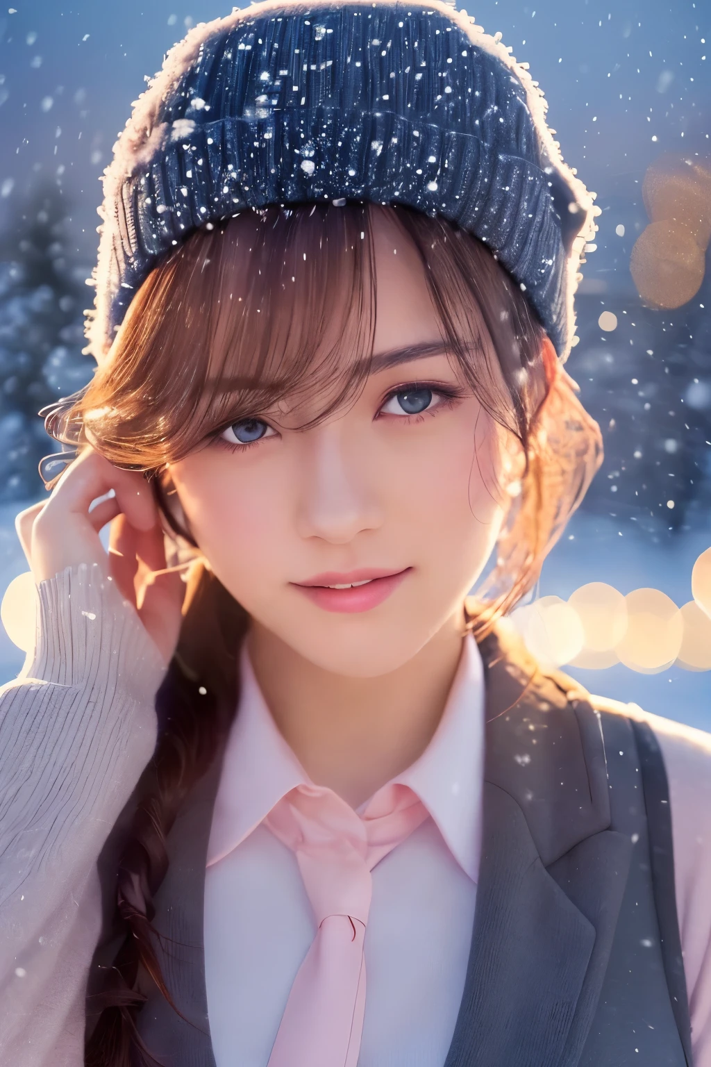 light blush,smile,
( (school uniform),blush, (snow,night lights),)
looking at viewer,beautiful woman,
 best quality, ultra high res, (photorealistic:1.4), hiqcgbody,masterpiece, (photorealistic:1.4), best quality, beautiful lighting, detailed, intricate , RAW photo, 8k uhd, film grain,   (akinav1)  akina-nakamori