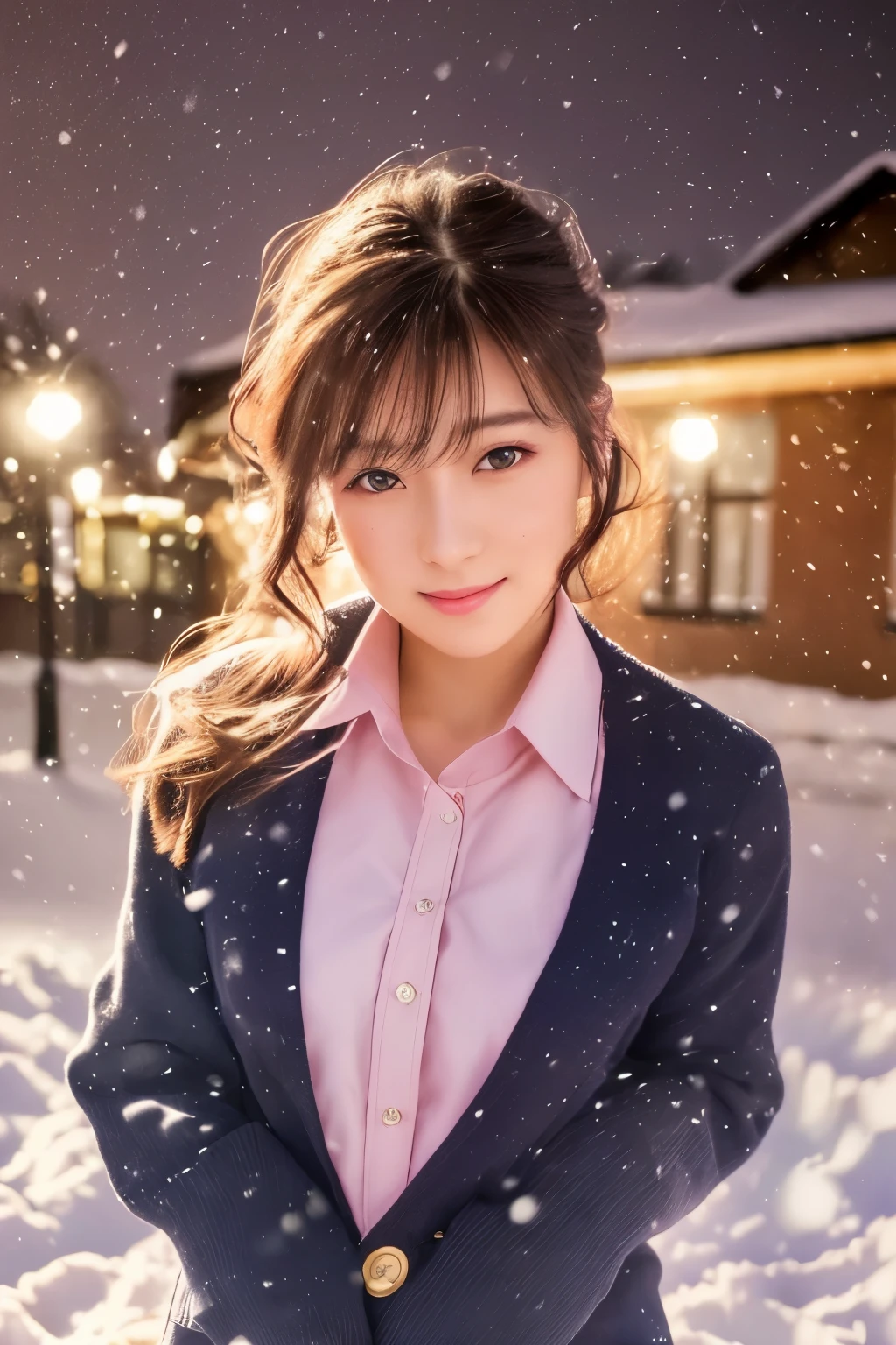 light blush,smile,
( (school uniform),blush, (snow,night lights),)
looking at viewer,beautiful woman,
 best quality, ultra high res, (photorealistic:1.4), hiqcgbody,masterpiece, (photorealistic:1.4), best quality, beautiful lighting, detailed, intricate , RAW photo, 8k uhd, film grain,   (akinav1)  akina-nakamori