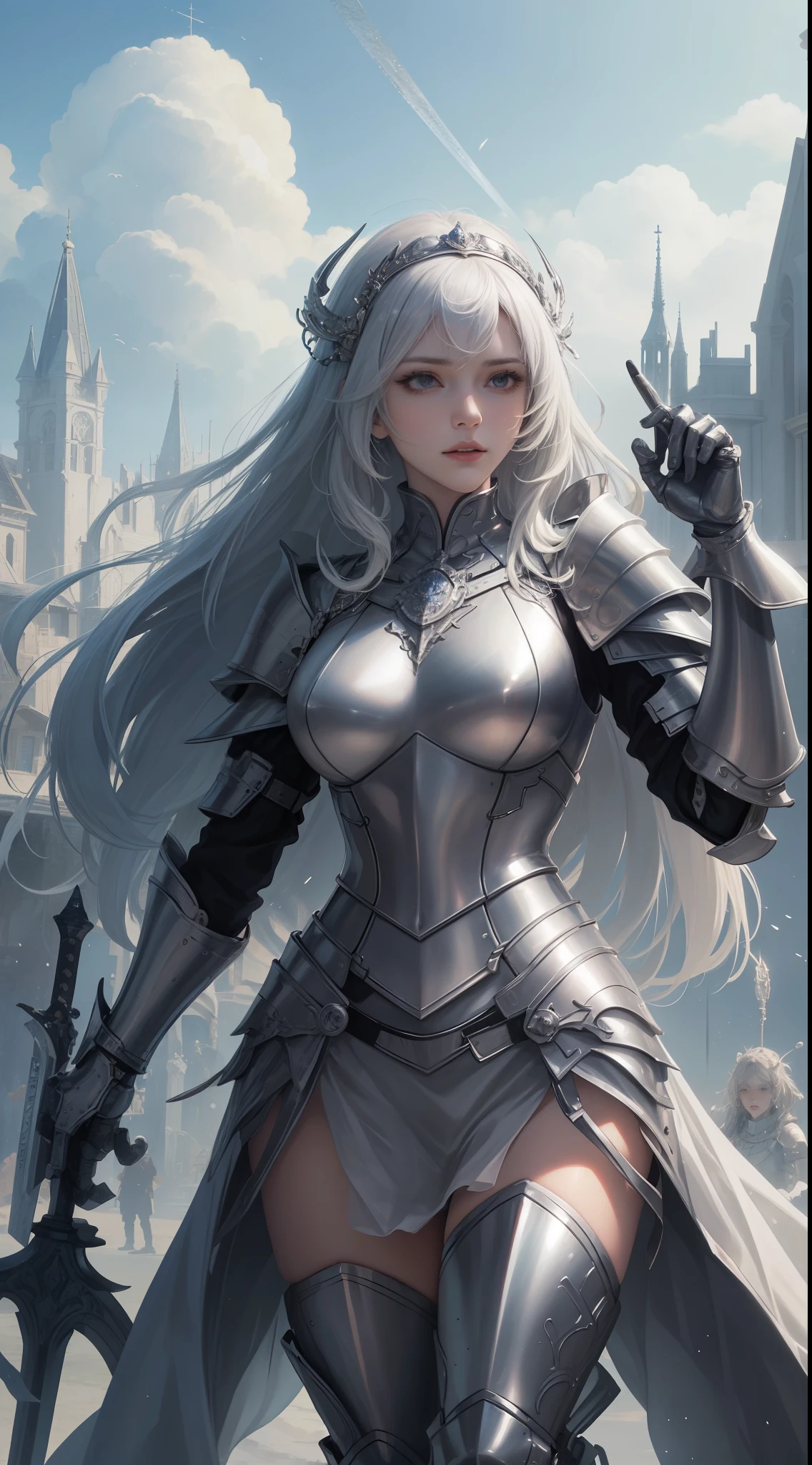 tmasterpiece,Highest image quality,A beautiful bust of a dashing female knight,Exquisite silver-white long hair,(Clear red eyes:2.0),holy sword,Gorgeous and exquisite armor all over the body,Armor gauntlets,Medieval Church Templar Set,Ultra-detailed details,advanced。At the Pixiv Art Station,Break your own power,The kinky is exposed,R-18G