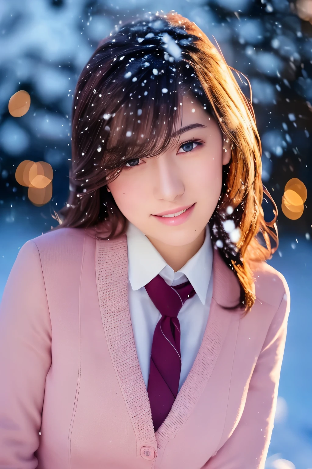 light blush,smile,
( (school uniform),blush, (snow,night lights),)
looking at viewer,beautiful woman,
 best quality, ultra high res, (photorealistic:1.4), hiqcgbody,masterpiece, (photorealistic:1.4), best quality, beautiful lighting, detailed, intricate , RAW photo, 8k uhd, film grain,   (akinav1)  akina-nakamori