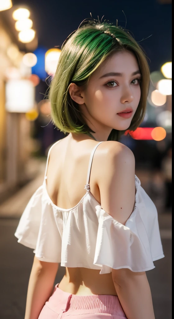 Master piace, high quality, full hd, super detail, Woman, 30 years, green eyes, short bob,golden hair, make-up, white shorts, pink cropped, pov, bokeh, backgroud, nigth, night lighting,