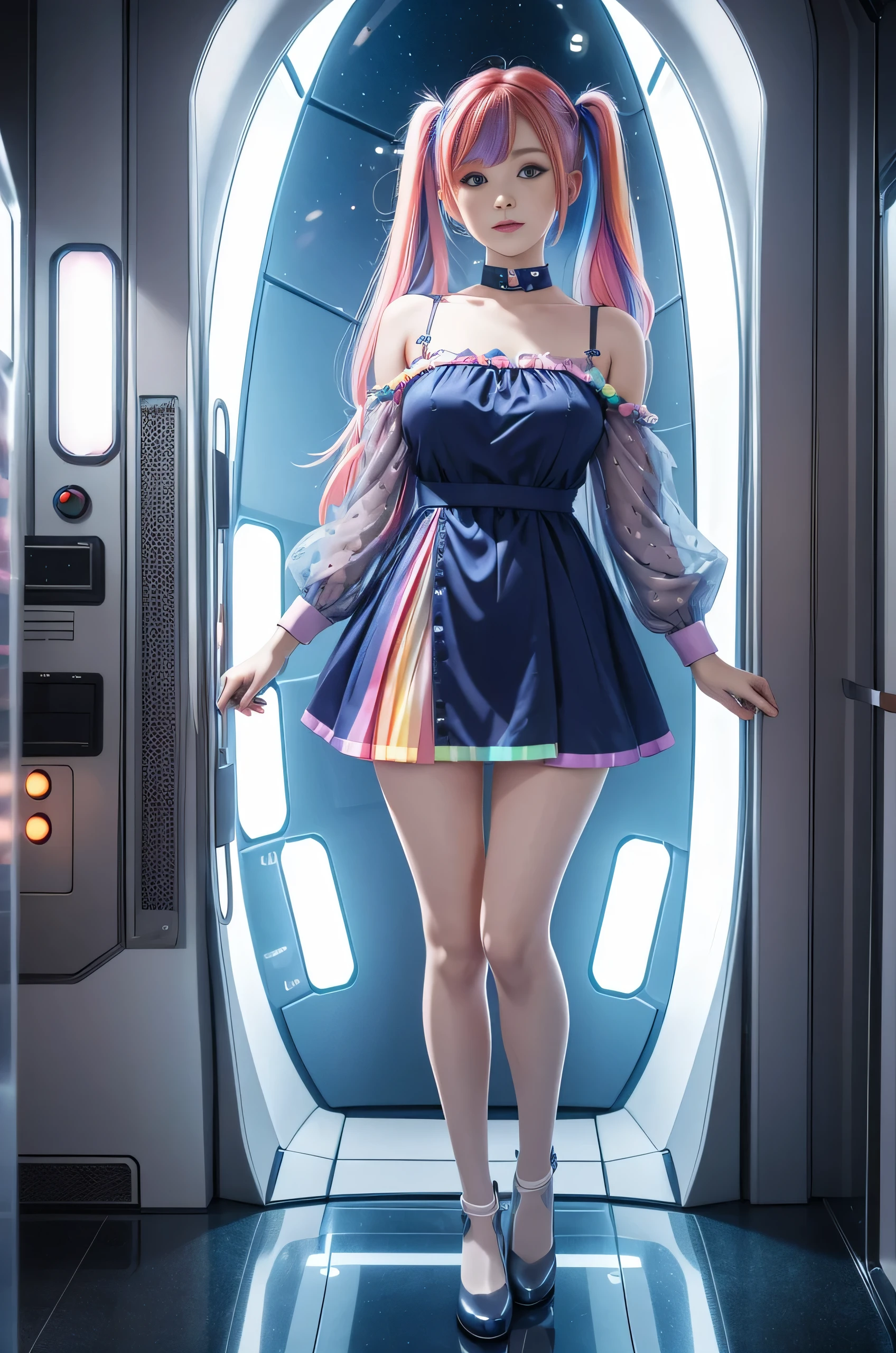 Cute redhead, gravure Idol, with rainbow colored hair tips, ribbons in her hair, 18-year-old woman, happy, in twin tails, perfect symmetrical eyes, clear sparkling blue eyes, pale skin, silky smooth skin, standing on a fancy luxurious space ship, large futuristic corridor, control panels, wood trim, decorative plants, warm lighting, wearing a futuristic party dress, pleated (chemise) mini dress (pastel rainbow colors, and polka dots), wearing full body pantyhose, cute short cut booties.
