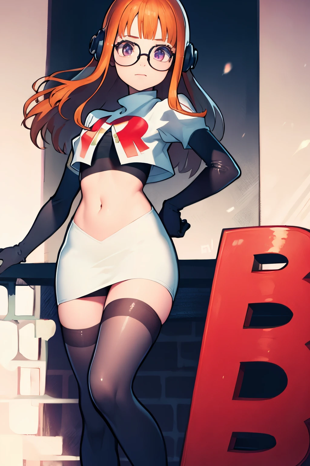 futaba sakura, orange hair, long hair, purple eyes, glasses, ahoge, team rocket, team rocket uniform, red letter R, white skirt, white crop top, black thigh-highs, black elbow gloves,
