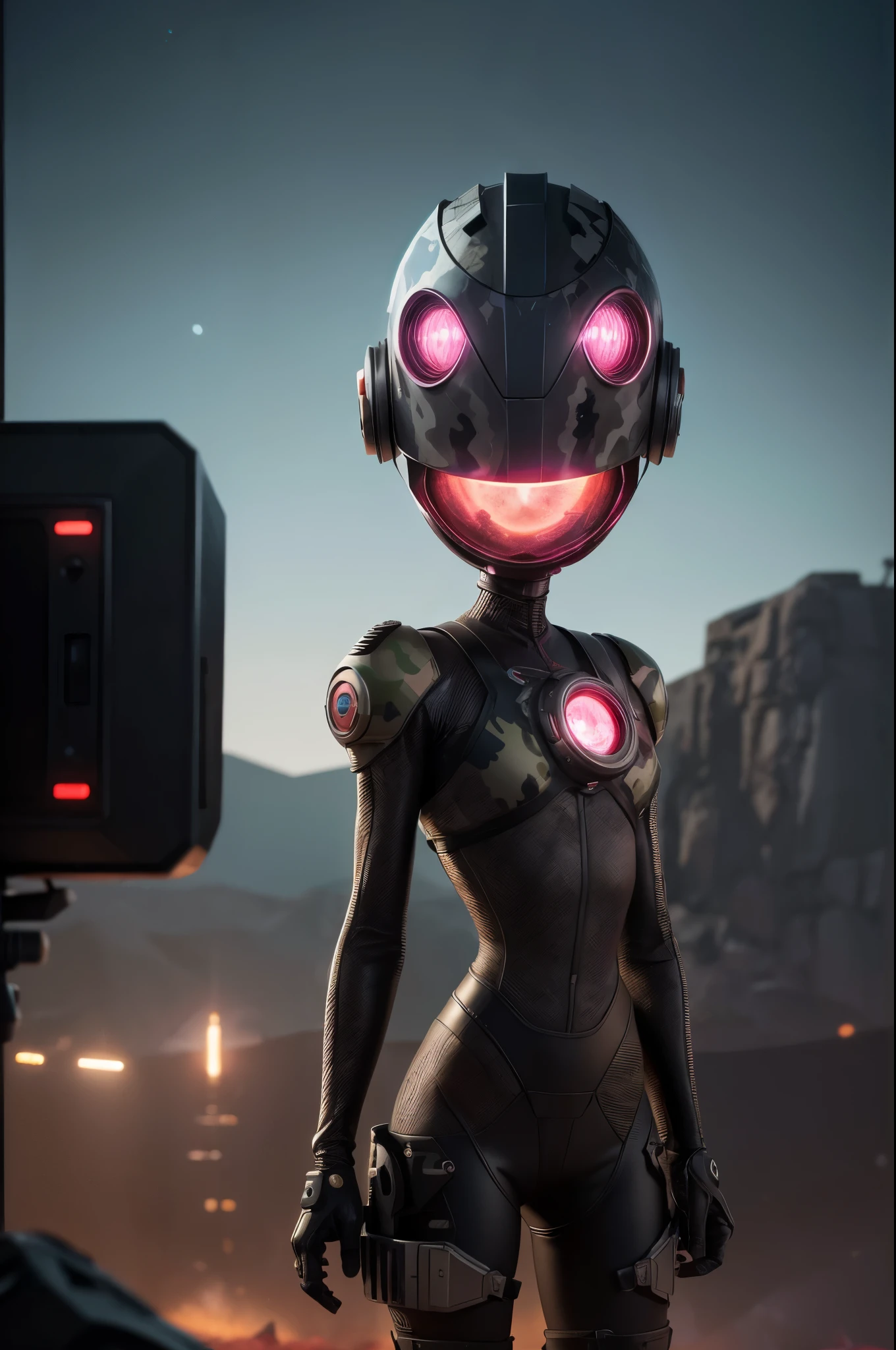 A Modern flat toon Crazy whit a Big ONE a Only Eye Robot and helmet Style, tongs in hands, Tv head, pinhead, camouflage PINK Rusty, Ambient in a meteorite crater super detailed, center, beautiful, soft lighting, focused on the character, 4K resolution, photorealistic rendering,