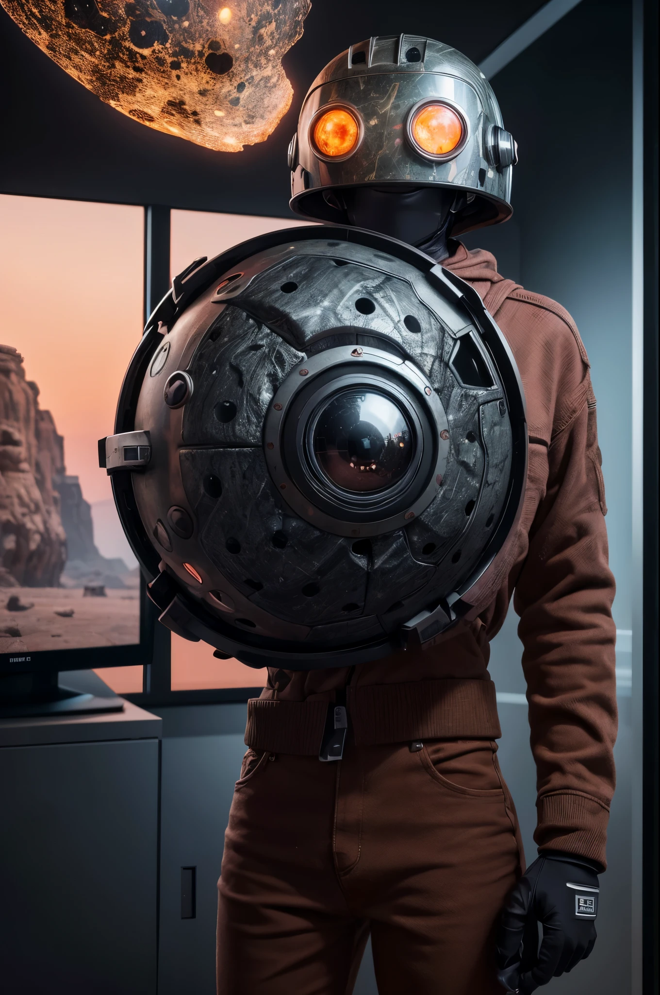 A Modern flat toon Crazy whit a Big ONE a Only Eye Robot and helmet Style, tongs in hands, Tv head, pinhead, camouflage PINK Rusty, Ambient in a meteorite crater super detailed, center, beautiful, soft lighting, focused on the character, 4K resolution, photorealistic rendering,