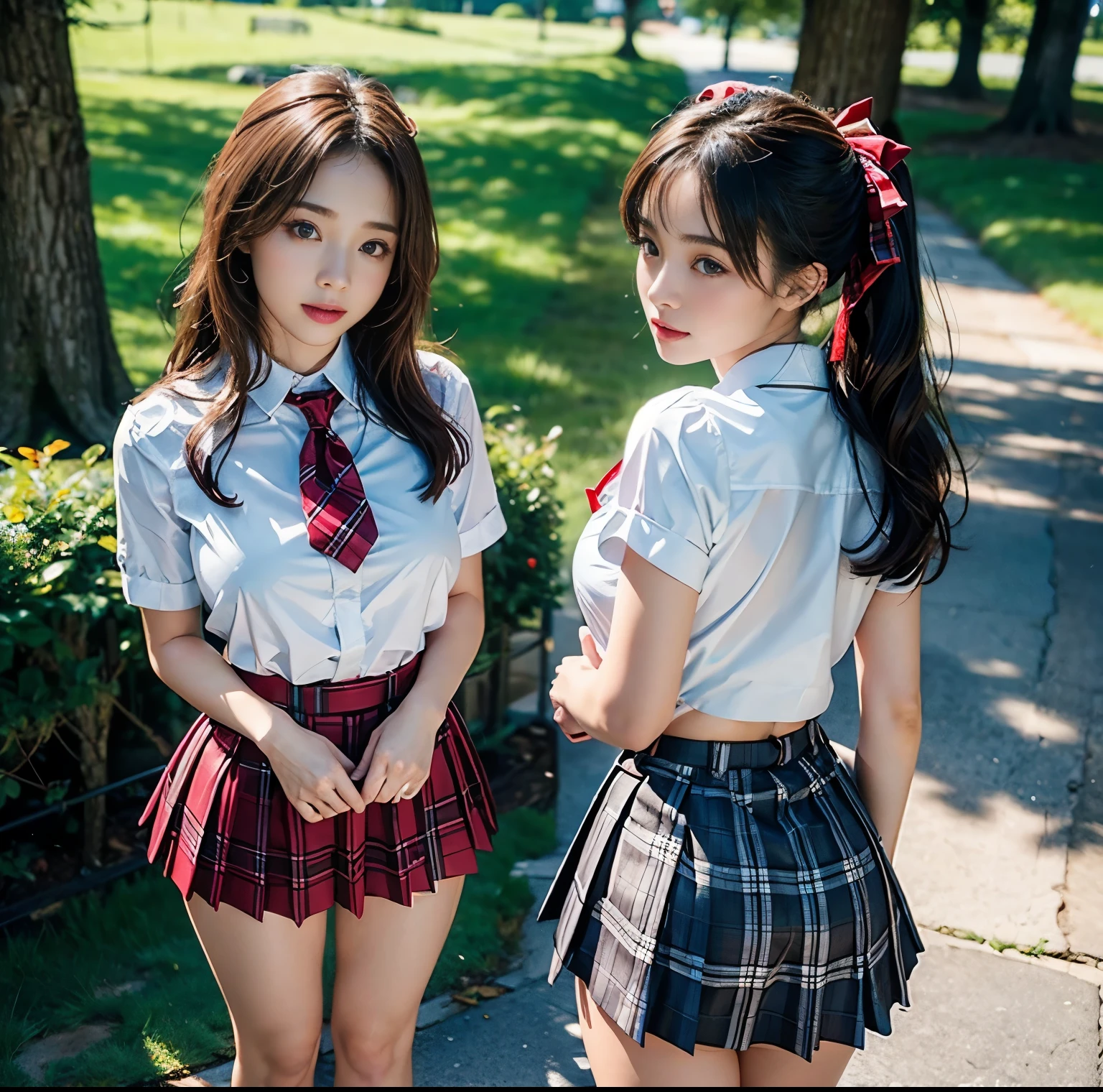 top-quality, 8K picture quality, ​masterpiece, A hyper-realistic, (Two girls side by side:1.2), Perfect body and firm big breasts, Bright whitening skin, A skin-tight white stretch blouse with a deep red ribbon tie., Micro mini pleated tartan check skirt, (the skirt is incredibly short), (Stick out your butt and show off your beautiful butt:1.3), (above the knee while standing), thin-waist, , (Both of them are proud of their beautiful butts), Skirtliftv1