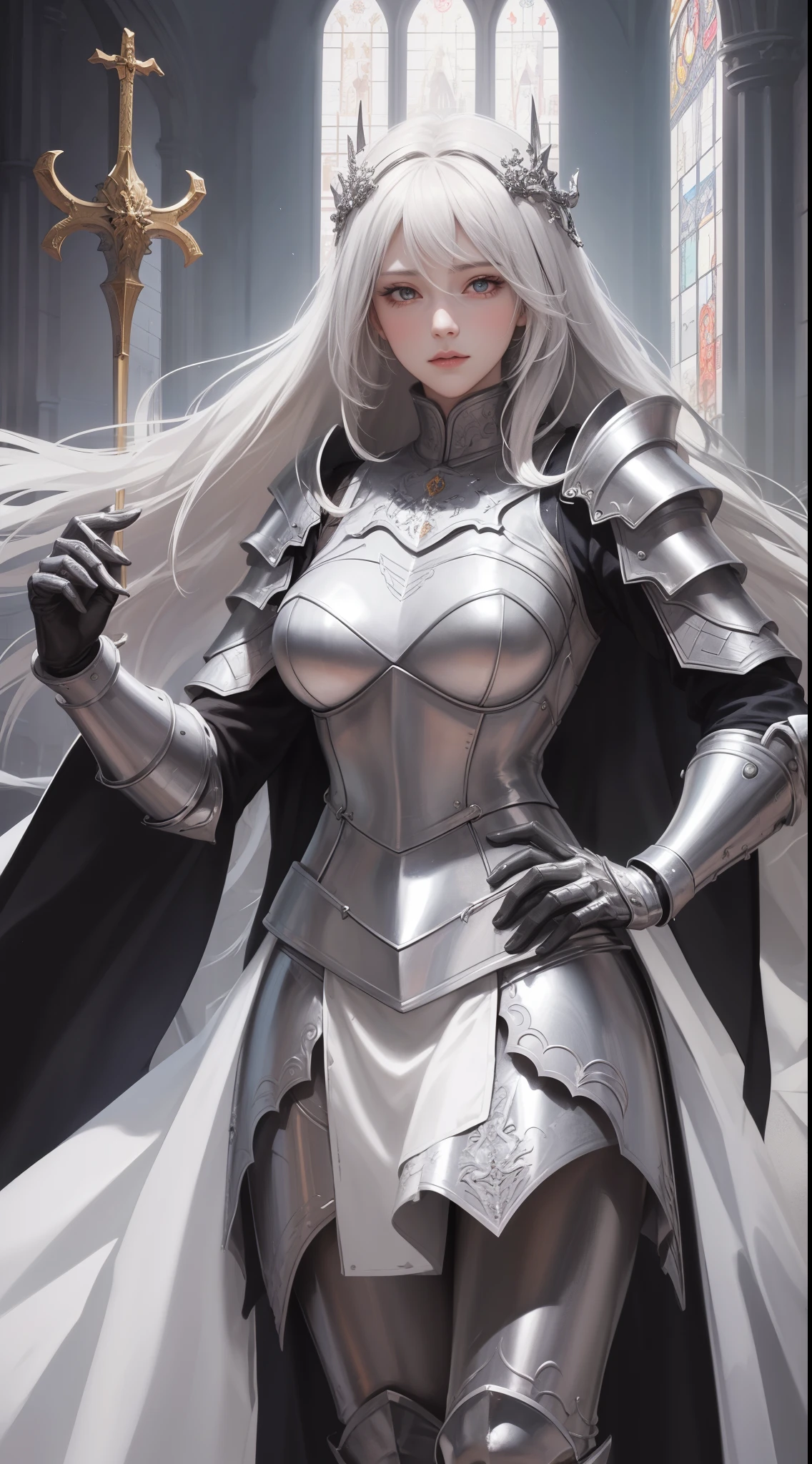 tmasterpiece，Highest image quality，A beautiful bust of a dashing female knight，Royal sister，Exquisite silver-white long hair，（Clear red eyes：2.0），holy sword，Gorgeous and exquisite armor all over the body，Armor gauntlets，Medieval Church Templar Set，Ultra-detailed details，advanced。At the Pixiv Art Station，Break your own power，The kinky is exposed，R-18G
