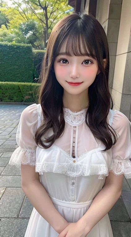 (hightquality、masterpiece、ultra res、Full shot shooting、with a smile shot),in 8K,japanese beauty girl(Clear eyes:1.3)、Very young girl、A girl with a cute smile、 10-year-old female model,(Super cute face in idol style:1.2), 、Pattsun bangs、A dark-haired、semi long hair、Middle hair、Straight hair、genitals are smooth、The genitals are so real、Breasts are small、thin sheer lace dress、Skin shows through、Europa Castle Garden Terrace、