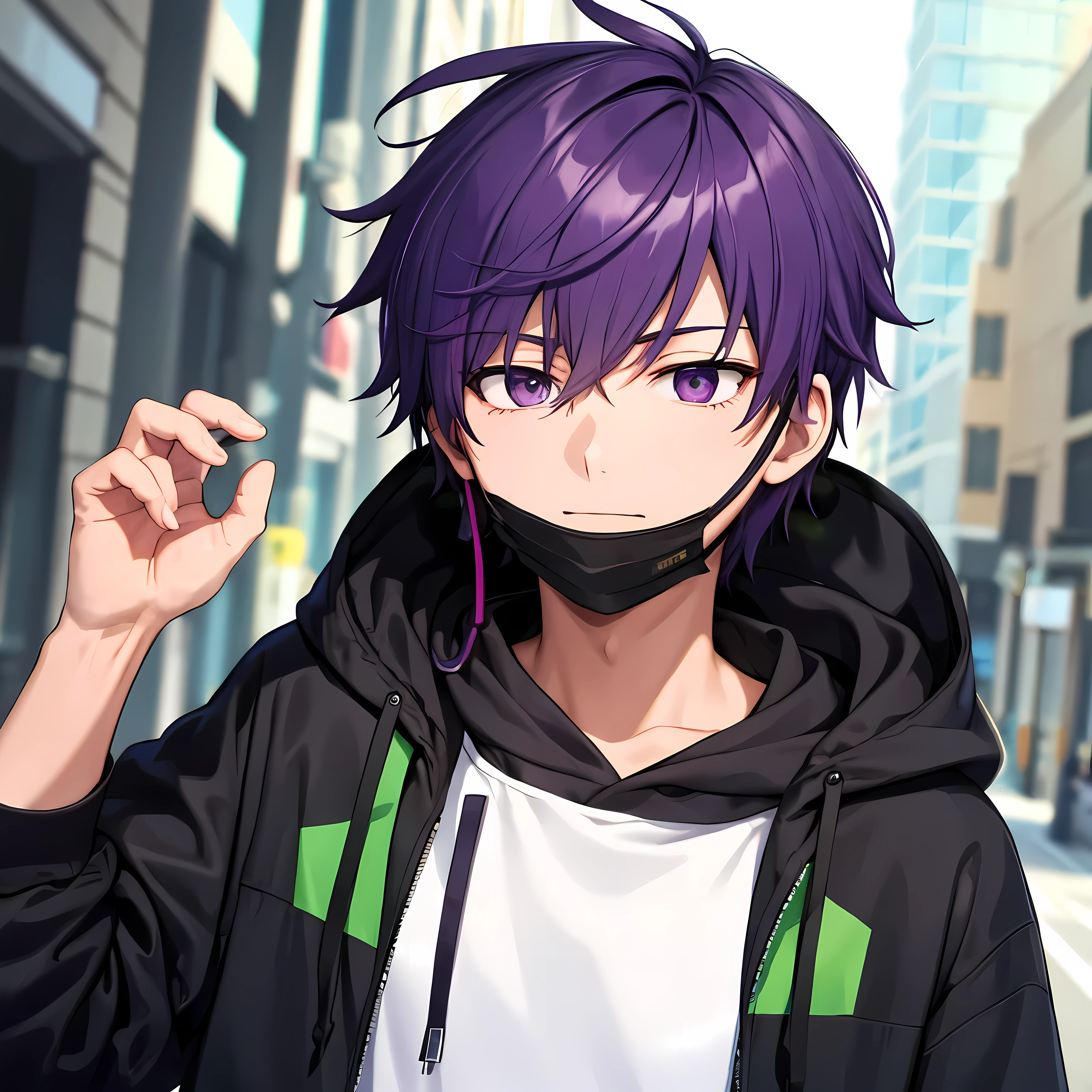 1guy,bright violet hair,black hoodie,green headphone,black mask
