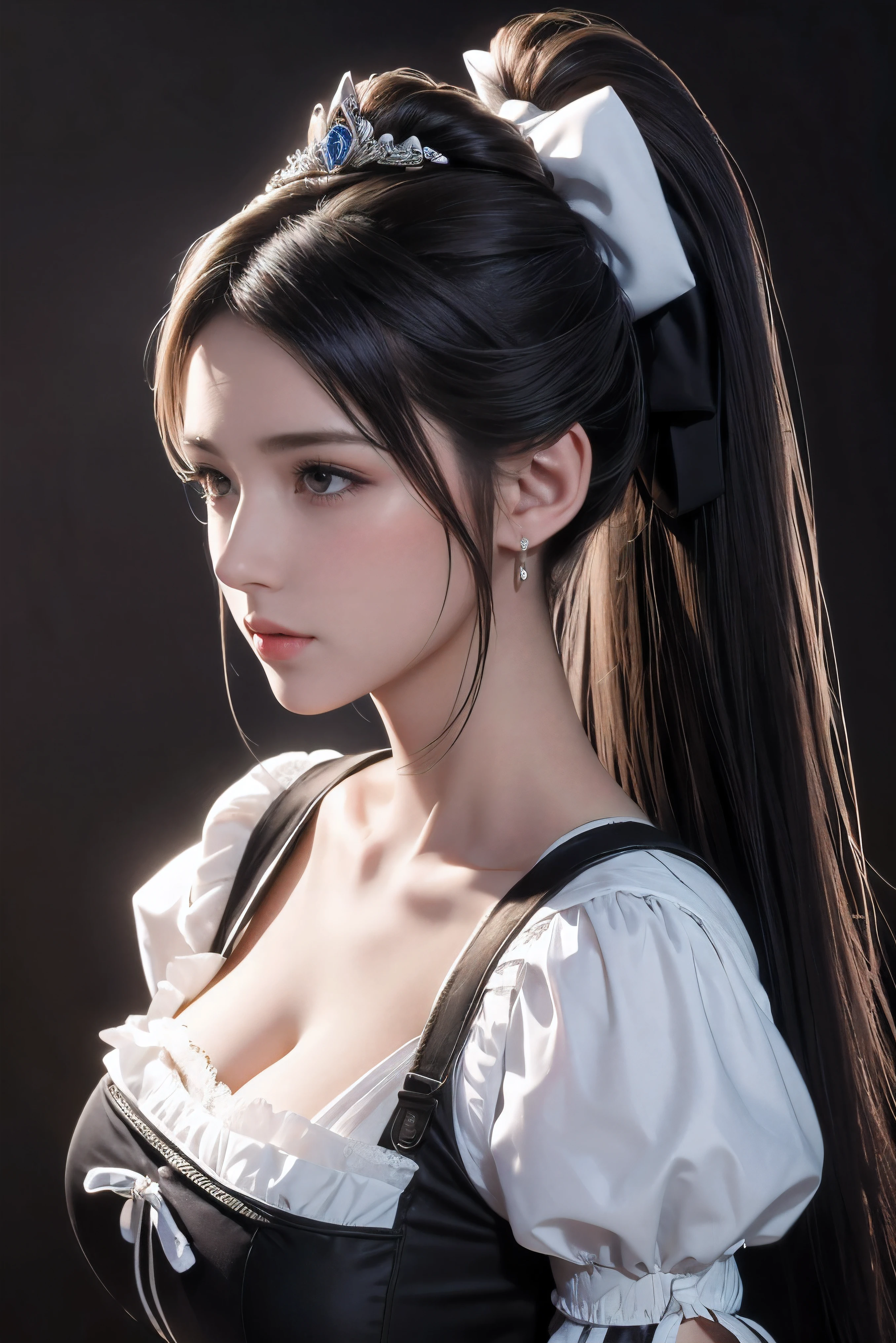 tmasterpiece，Best quality，A high resolution，8K，((sportrait))，(Close-up of the head)，RAW photogr，real photograph，digital photography，(A noble maid in a medieval fantasy world)，(medieval fantasy maid)，20岁女孩，Blue ponytail hairstyle，red eye ponytail))，(Large breasts)，Luxurious ornaments，Open lips，Keep your mouth beautiful and attractive，((Be red in the face))，Very shy，Cute big breasts，(Medieval fantasy the maid outfit, the maid outfit, Black and white, Black lace, white bows, Beautiful skirt pattern, maid headdress)，(maid)，Photo pose，medieval characters，medieval fantasy style，Ancient city background，oc render reflection texture