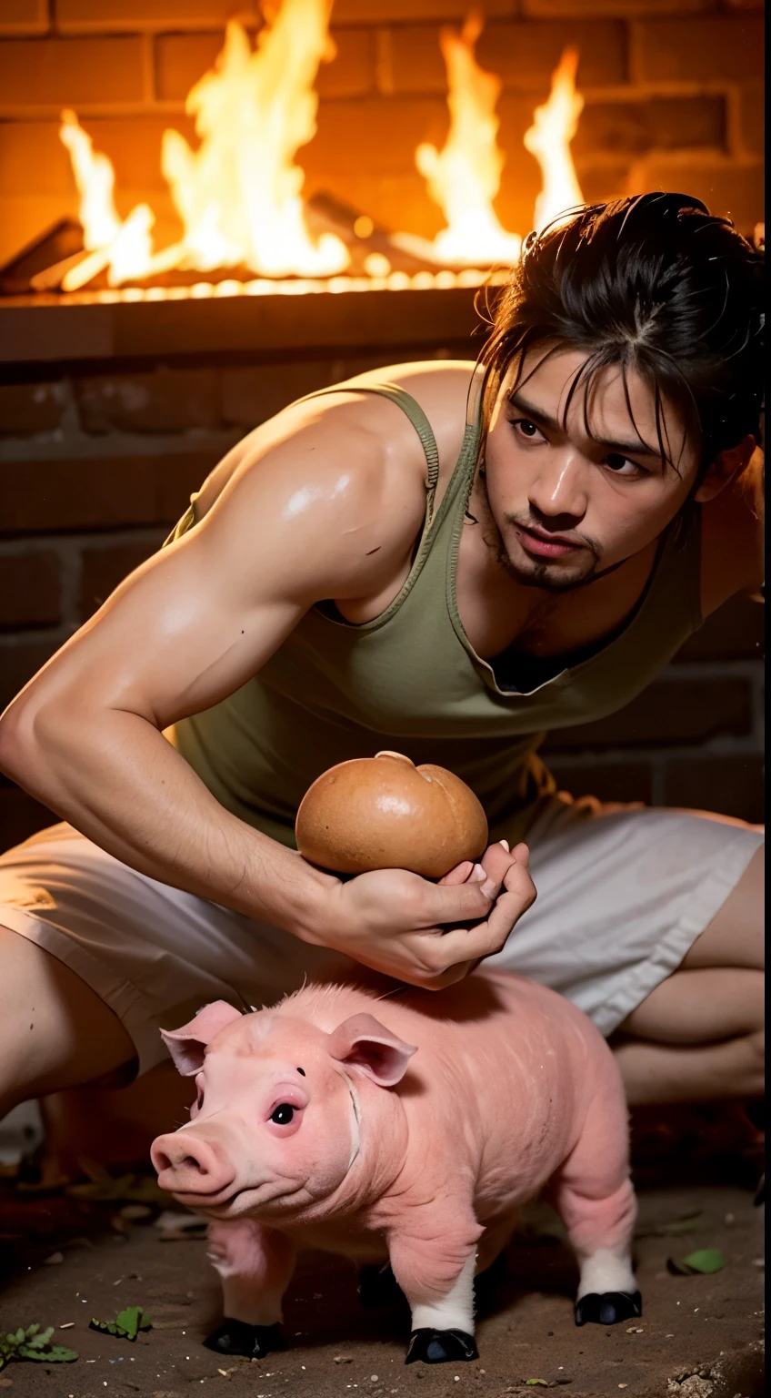 Ilustra un cerdo,puerco, chancho, prendido en llamas de fuego