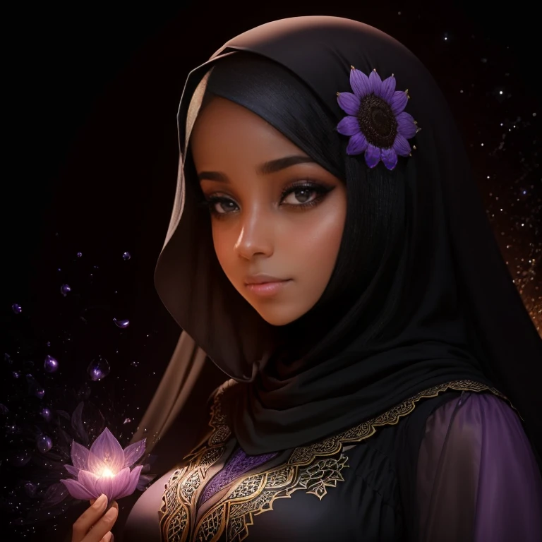 Create an amazing image of a black muslim woman wearing a Black ABAYA with a LILAC HIJAB reflecting light from her face just like the sunflower.