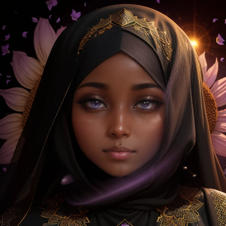 Create an amazing image of a black muslim woman wearing a Black ABAYA with a LILAC HIJAB reflecting light from her face just like the sunflower.