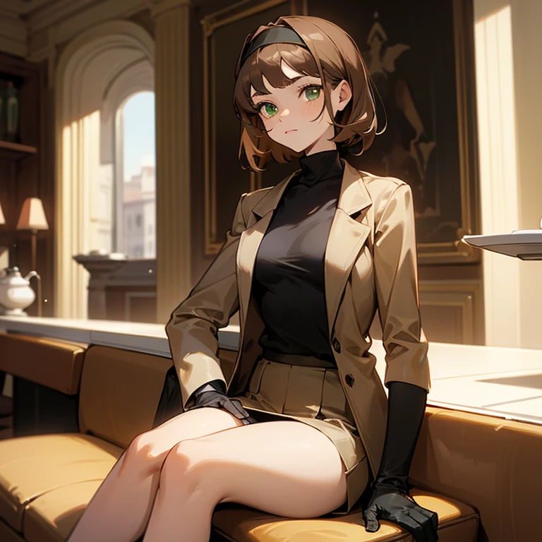 A young woman, 18 years old, short brown hair, green eyes, wearing a light brown blazer, a black turtleneck, a light brown short skirt, black gloves, and a beige headband in her hair, sitting in a cafe