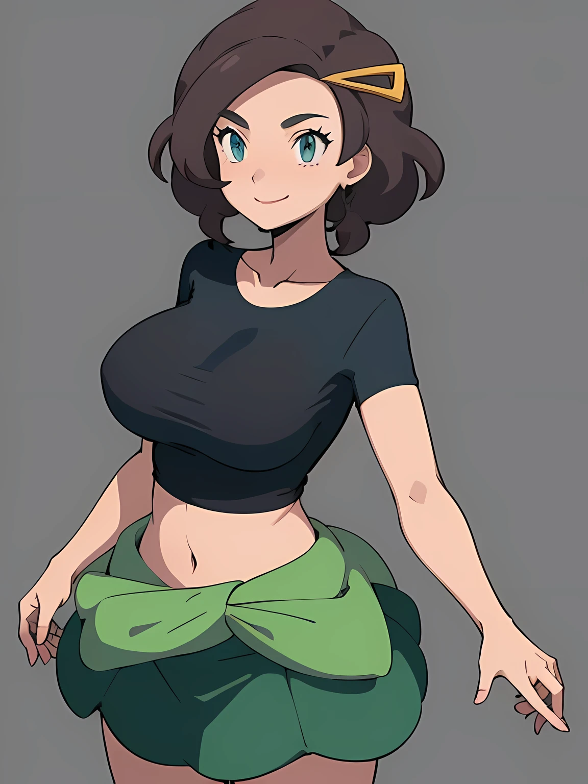 grace_(pokemon), mature woman, cowboy shot, (1girl, solo:1.2), large breasts, standing, simple background, black shirt, green skirt, SFW, exposed midriff, waist ribbon, smile, eye wrinkle