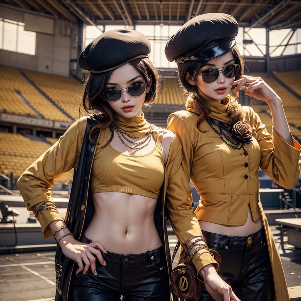 (masterpiece, best quality:1.2), cowboy shot, solo, 1girl, coco adel, grin, looking at viewer, hand on hip, beret, sunglasses, orange t-shirt , black gloves, gym shorts, jewelry, standing in stadium