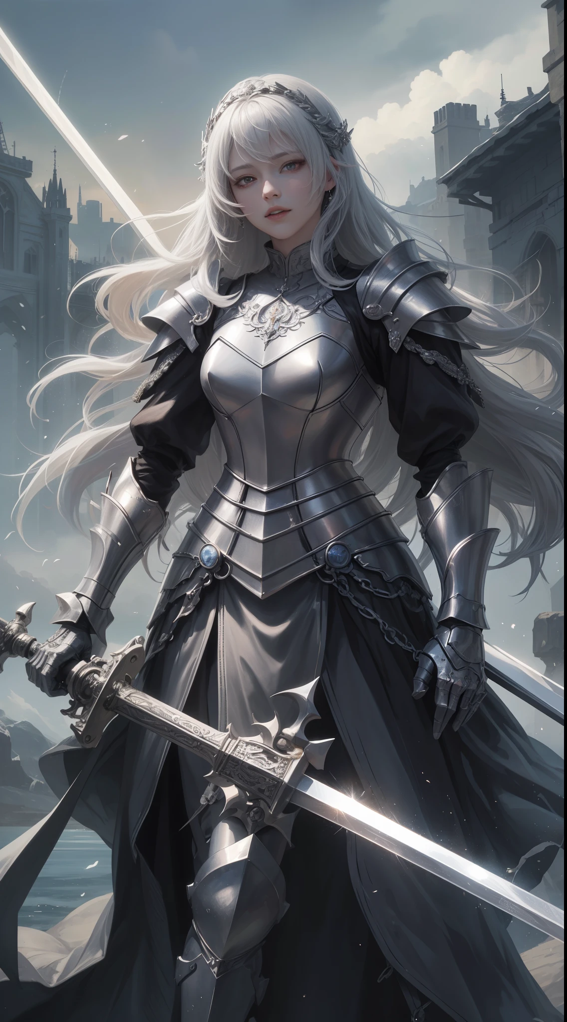 tmasterpiece，Highest image quality，A beautiful bust of a dashing female knight，Exquisite silver-white long hair，（Clear red eyes），holy sword，Gorgeous and exquisite armor all over the body，Armor gauntlets，Medieval Church Templar Set，Ultra-detailed details，advanced。At the Pixiv Art Station，Break your own power，The kinky is exposed，R-18G