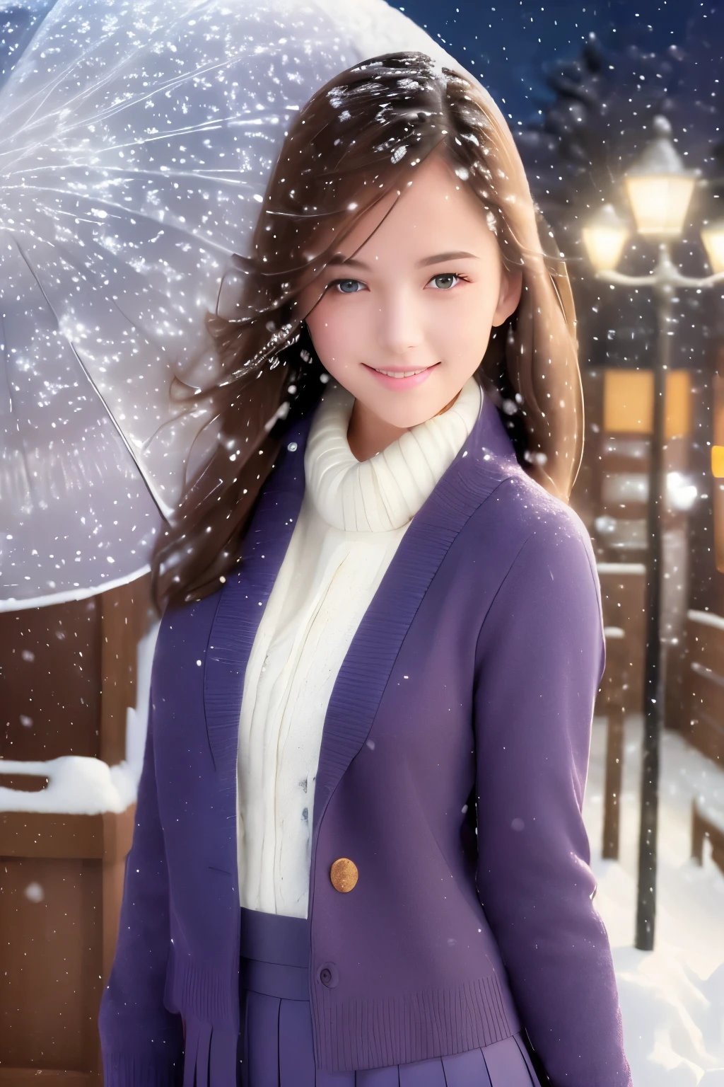 smile, ( (school uniform), (snow,night lights),) looking at viewer,beautiful woman, best quality, ultra high res, (photorealistic:1.4), hiqcgbody,masterpiece, (photorealistic:1.4), best quality, beautiful lighting, detailed, intricate , RAW photo, 8k uhd, film grain,