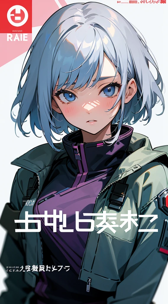 (masterpiece: 1.2, best quality), model sheet of a Hair: short cut, Clothing: oversized denim jacket and combat boots, underground or street art exhibition, android girl perfect for the future, cyborg girl, blue cyborg, cyborg - girl with silver hair, cyber machine female face, modern cyberpunk anime, cyborg girl, cyberpunk ads, perfect anime cyborg woman, porcelain cyborg, perfect cyborg woman, beautiful android ((modern clothes)) Looking at the viewer, looking at the camera,Magazine cover,a close up of a poster with a person on a cell phone, by Shinoda Toko, by Tadashi Nakayama, by Hirohiko Araki, manga cover style, manga comic book cover, by Yokoyama Taikan, inspired in hirohiko araki, by Yoshiyuki Tomino, by Yoshihiko Wada, by Yumihiko Amano