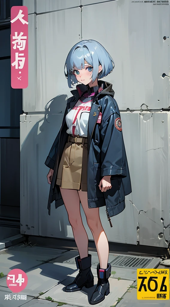(masterpiece: 1.2, best quality), model sheet of a  Hair: short cut, Clothing: oversized denim jacket and combat boots, underground or street art exhibition, android girl perfect for the future, cyborg girl, blue cyborg, cyborg - girl with silver hair, cyber machine female face, modern cyberpunk anime, cyborg girl, cyberpunk ads, perfect anime cyborg woman, porcelain cyborg, perfect cyborg woman, beautiful android ((modern clothes)) Looking at the viewer, looking at the camera,Magazine cover,a close up of a poster with a person on a cell phone, by Shinoda Toko, by Tadashi Nakayama, by Hirohiko Araki, manga cover style, manga comic book cover, by Yokoyama Taikan, inspired in hirohiko araki, by Yoshiyuki Tomino, by Yoshihiko Wada, by Yumihiko Amano
