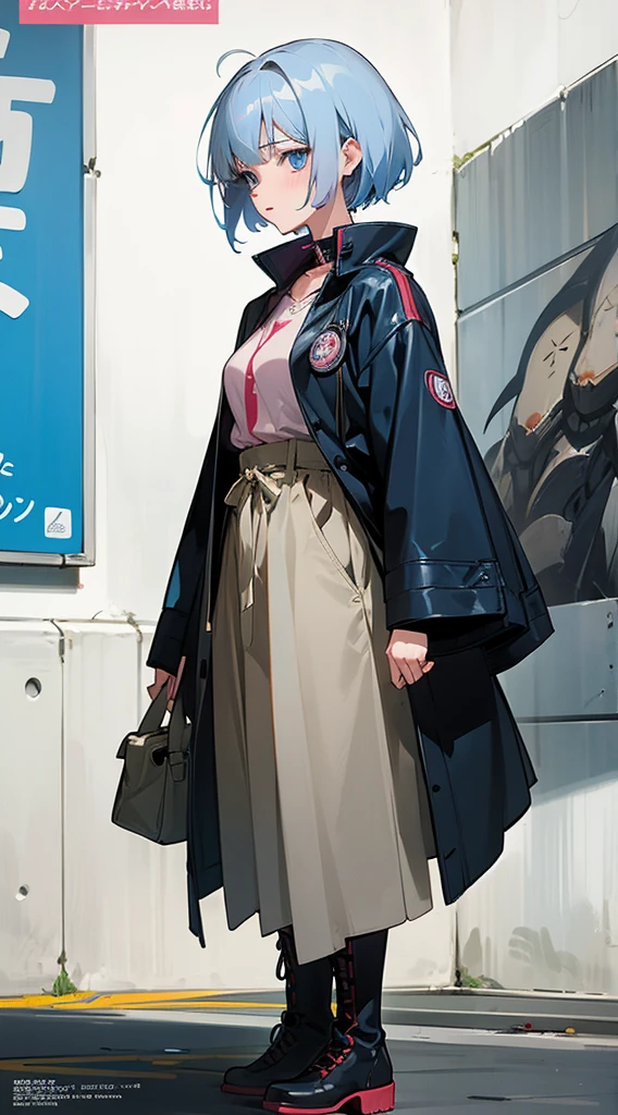 ((masterpiece)), (best quality), perfect anatomy, perfect face, perfect eyes, 1girl, standing, solo, after rain, japanese streets, japanese signs, neon lights, night, wearing a cool baggy jacket, cropped top white shirt, white baggy pants, black boots, cleavage, quite big breasts, long ponytail black hair, walking, thick,