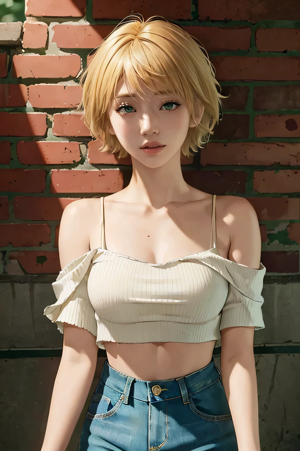 best quality, upper body,intricate details, chromatic aberration,1girl,bare shoulder, short hair, yellow hair,short hair, cinematic lighting, natural makeup, green eyes,sharp eyes, (open mouth:0.5),croptop, torn jeans legwear,white shirt, open white shirt,against wall, brick wall, graffiti, dim lighting, alley