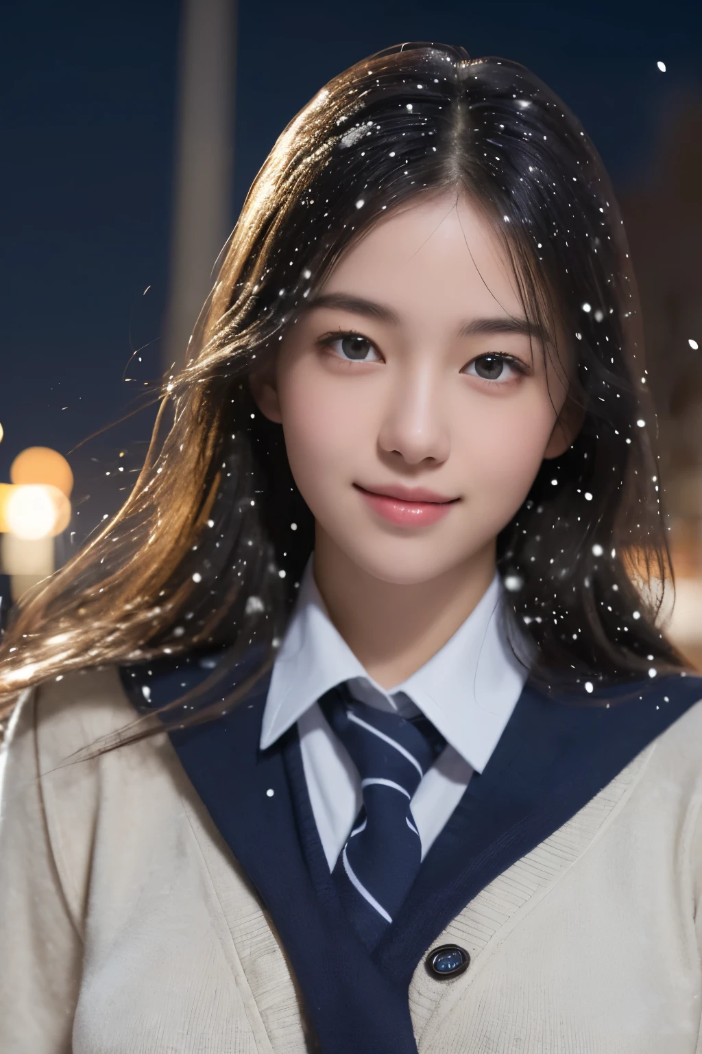 smile, ( (school uniform), (snow,night lights),) looking at viewer,beautiful woman, best quality, ultra high res, (photorealistic:1.4), hiqcgbody,masterpiece, (photorealistic:1.4), best quality, beautiful lighting, detailed, intricate , RAW photo, 8k uhd, film grain,