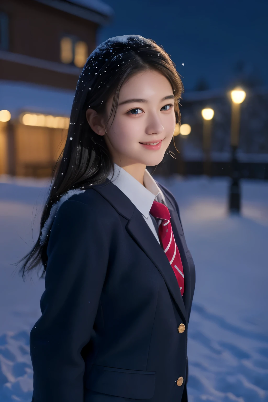 smile, ( (school uniform), (snow,night lights),) looking at viewer,beautiful woman, best quality, ultra high res, (photorealistic:1.4), hiqcgbody,masterpiece, (photorealistic:1.4), best quality, beautiful lighting, detailed, intricate , RAW photo, 8k uhd, film grain,