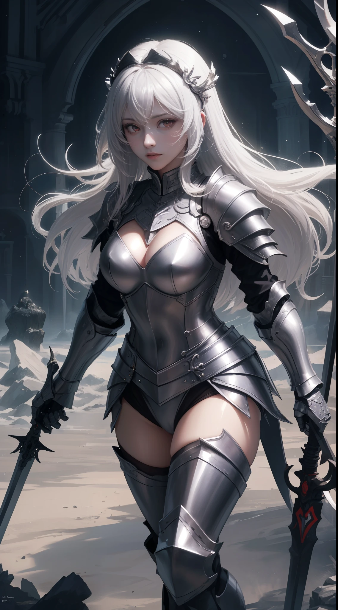 tmasterpiece,Highest image quality,A beautiful bust of a dashing female knight,Exquisite silver-white long hair,(Clear red eyes),holy sword,Gorgeous and exquisite armor all over the body,Armor gauntlets,Medieval Church Templar Set,Ultra-detailed details,advanced。At the Pixiv Art Station,Break your own power,The kinky is exposed,R-18G