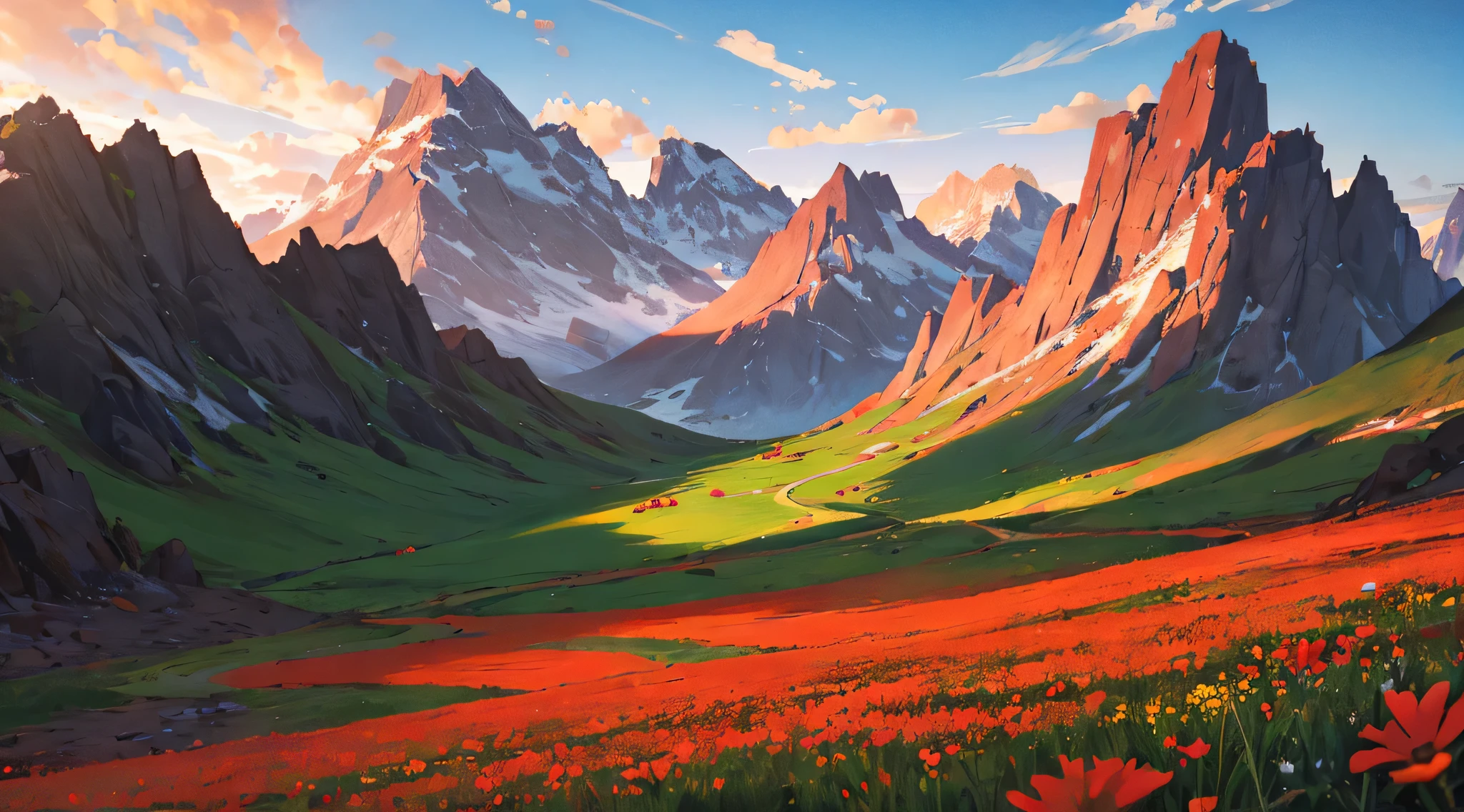 there is a field of red flowers with a lone green tree in the background with a mountain range background.