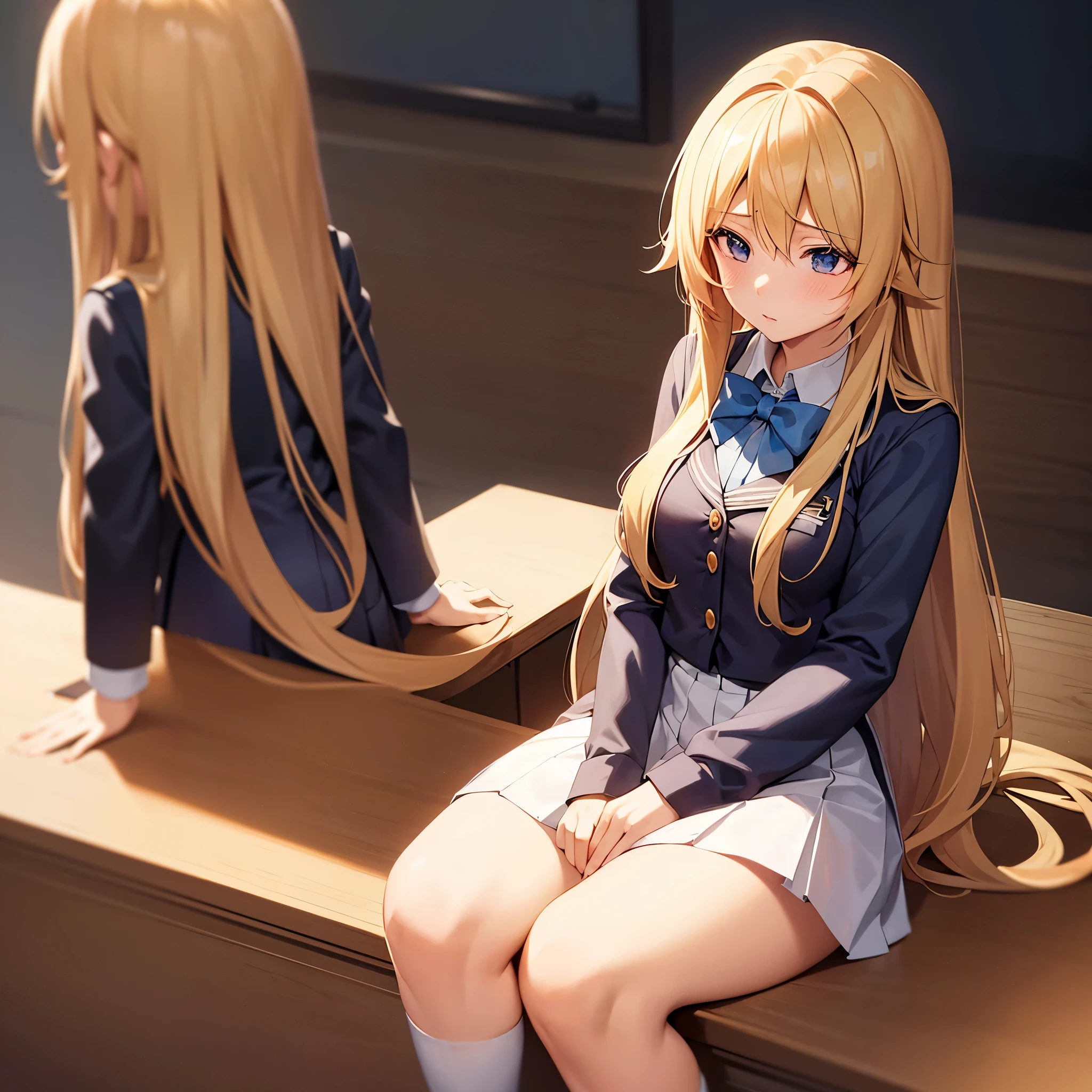 anime girl with long blonde hair sitting on a desk in a school uniform, blonde anime girl with long hair, beautiful anime high school girl, a hyperrealistic schoolgirl, realistic schoolgirl, seductive anime girl, hyperrealistic schoolgirl, smooth anime cg art, attractive anime girl, anime best girl, anime girl with long hair, anime visual of a cute girl