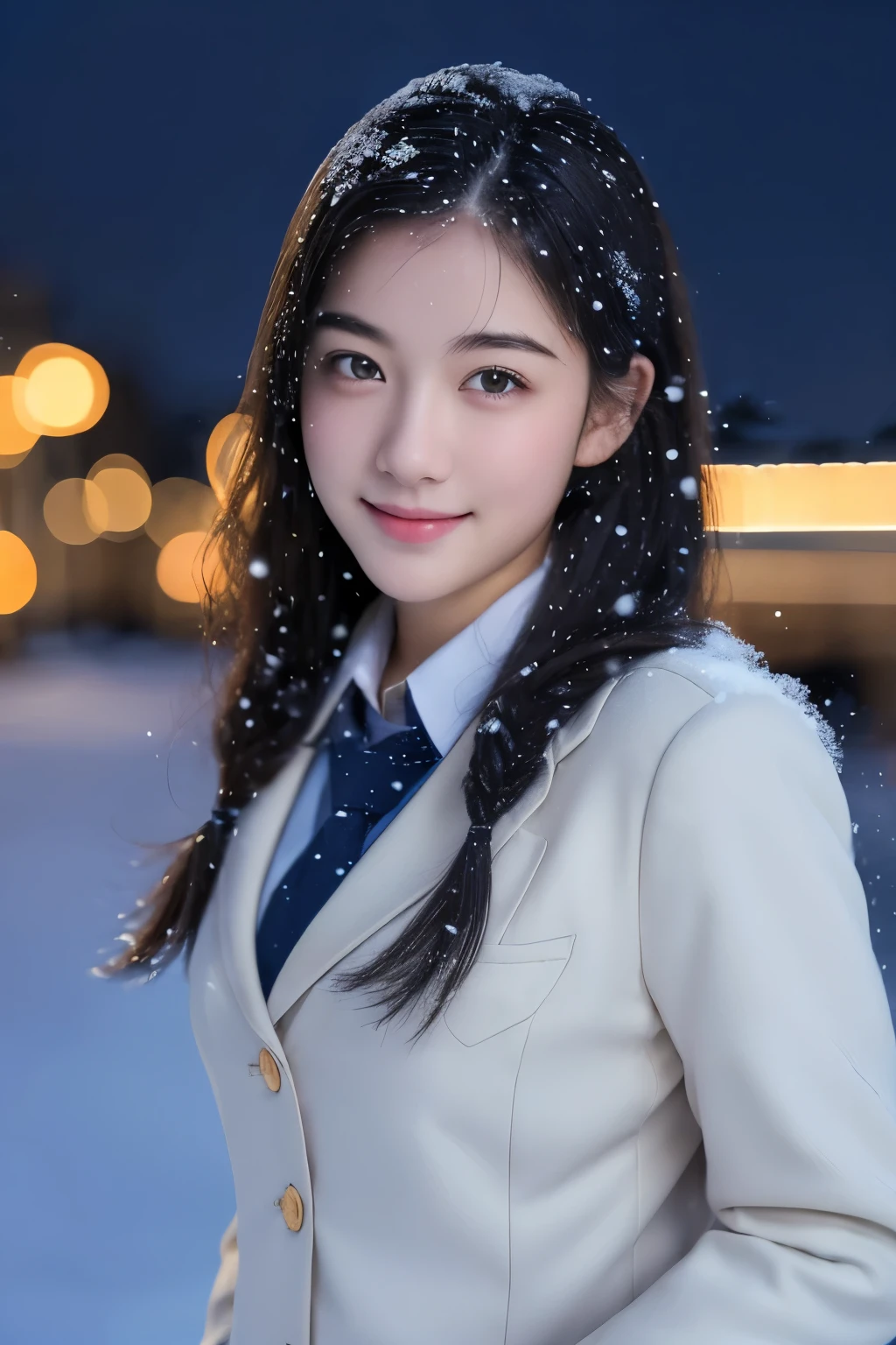 smile, ( (school uniform), (snow,night lights),) looking at viewer,beautiful woman, best quality, ultra high res, (photorealistic:1.4), hiqcgbody,masterpiece, (photorealistic:1.4), best quality, beautiful lighting, detailed, intricate , RAW photo, 8k uhd, film grain,