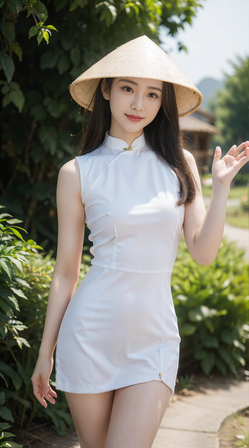 1girl, ((countryside in Vietnam)), ultra high res,(realistic:1.3)),((random pose)), deep shadow,(best quality, masterpiece), pale skin, dimly lit, shade, flustered, blush, highly detailed, (upper body)), depth of field, film grain, wrinkled skin, looking at viewer, warm smile, solo, hat, ((whole body, including legs)),((Standing)),(open thighs), (white ), aodai,, (masterpiece,best quality:1.5)