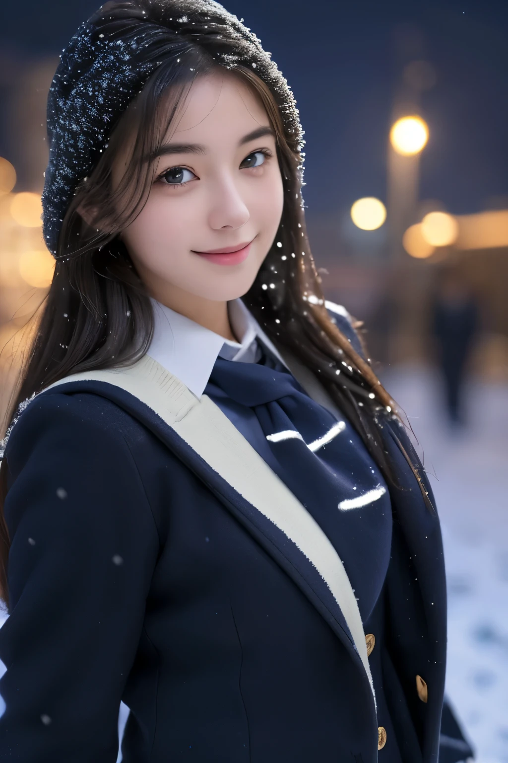 smile, ( (school uniform), (snow,night lights),) looking at viewer,beautiful woman, best quality, ultra high res, (photorealistic:1.4), hiqcgbody,masterpiece, (photorealistic:1.4), best quality, beautiful lighting, detailed, intricate , RAW photo, 8k uhd, film grain,