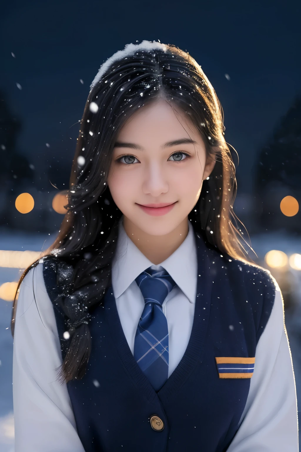 smile, ( (school uniform), (snow,night lights),) looking at viewer,beautiful woman, best quality, ultra high res, (photorealistic:1.4), hiqcgbody,masterpiece, (photorealistic:1.4), best quality, beautiful lighting, detailed, intricate , RAW photo, 8k uhd, film grain,