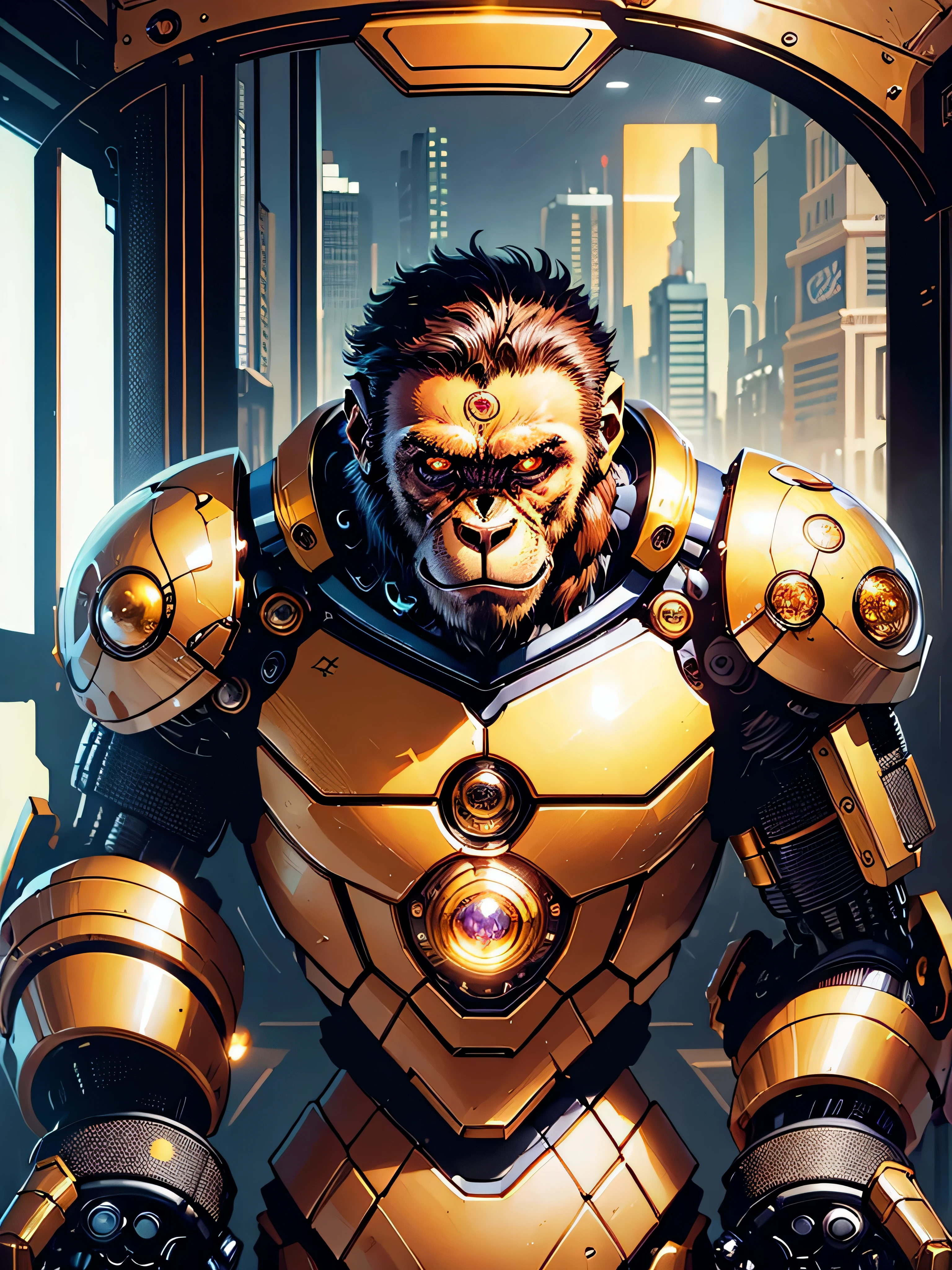 (masterpiece, best quality:1.33), A realistic and immersive digital illustration of an artificial intelligence monkey/robot made of glass/gold, having its own unique adventures. The monkey-robot is autonomous, curious and creative, In the illustration, we see the monkey-robot as it explores and navigates planet Earths city of San Francisco. It encounters and investigates various elements best quality 8k art by Ray Shark