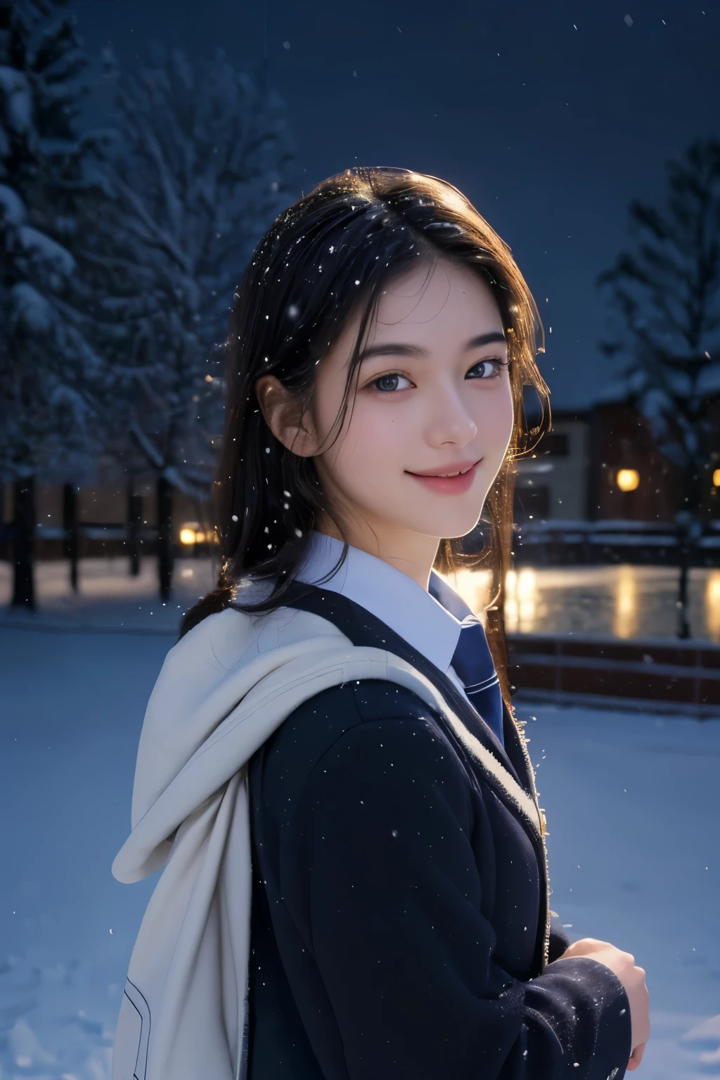 smile, ( (school uniform), (snow,night lights),) looking at viewer,beautiful woman, best quality, ultra high res, (photorealistic:1.4), hiqcgbody,masterpiece, (photorealistic:1.4), best quality, beautiful lighting, detailed, intricate , RAW photo, 8k uhd, film grain,
