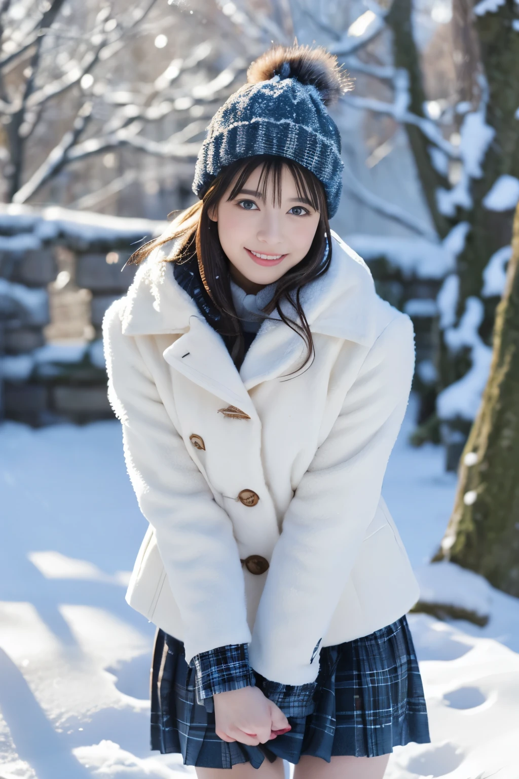 (Best Quality,4K,hight resolution,masutepiece:1.2),Ultra-detailed,Realistic,(nffsw,nffsw),girl,beige fluffy coat,beige wool gloves,Navy blue mini pleated skirt,Snow,Smiling,eyecontact,Portraits,Vivid colors,Winter scene,Soft lighting,Delicate snowflakes,Cheerful expression,playful pose,Fun atmosphere,Happy Vibes,Frosty breath,Blushing cheeks,rosy nose,Warm atmosphere,cozy winter fashion,soft winter light,mysterious winter night,Pure white snowscape,snowflakes dancing in the air,Sparkling snow,beautiful winter fashion,effortlessly chic style,fun snowball fight,icy cold weather,Crisp winter air,child-like innocence,curiosity in her eyes,Smiling eyes,fluffy snowflakes,A dreamy winter wonderland,winter magic,cute moments,Adorable costumes,pleasant winter day,joyous laughter,Dreamy smile.thighs thighs thighs thighs