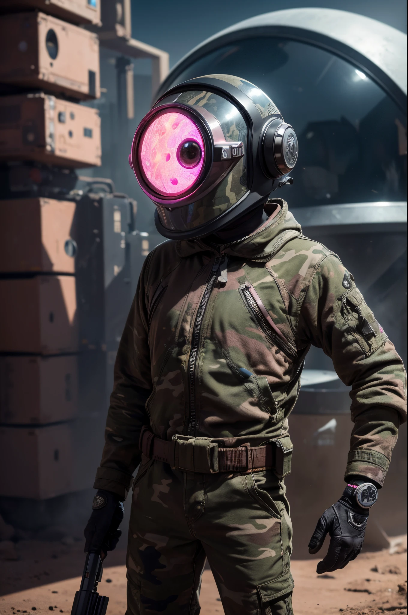 A Modern flat toon Crazy whit a Big ONE a Only Eye Robot and helmet Style, tongs in hands, Tv head, pinhead, camouflage PINK Rusty, Ambient in a meteorite crater super detailed, center, beautiful, soft lighting, focused on the character, 4K resolution, photorealistic rendering,