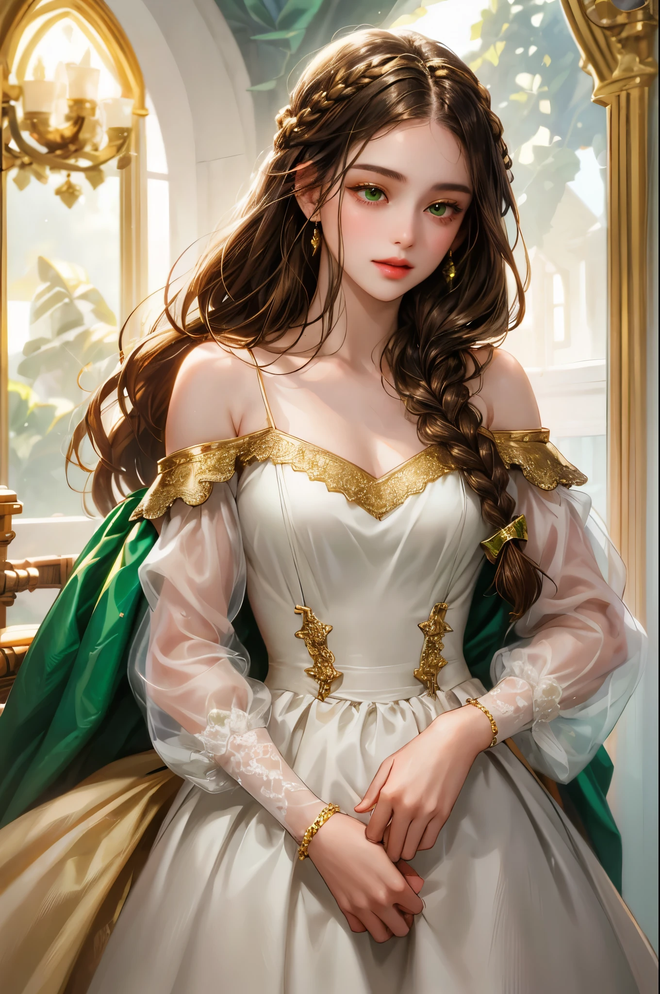 18 year old girl, brown hair, with gold edges, braided,green emerald eyes, wearing a white dress with gold edges, at a noble's party, half body,detailed face,small breast ((UHD)) ((8K QUALITY)), MANWHA
