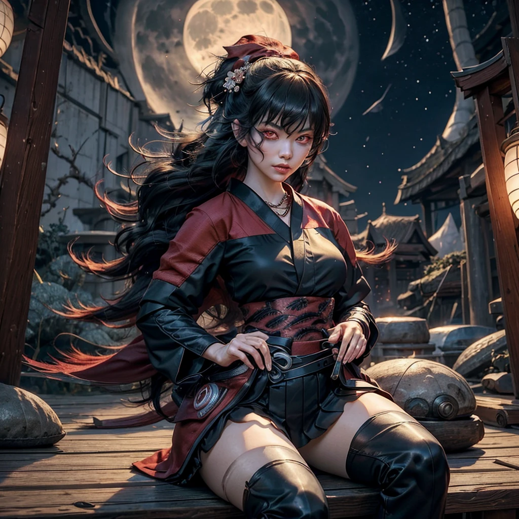 1girl, architecture, bangs, black_hair, black_kimono, , east_asian_architecture, flower, full_moon, hair_between_eyes, hair_flower, hair_ornament, japanese_clothes, kimono, long_hair, looking_at_viewer, moon, moonlight, multicolored_hair, night, night_sky, obi, red_eyes, red_hair, sash, sitting, sky, solo, thighhighs