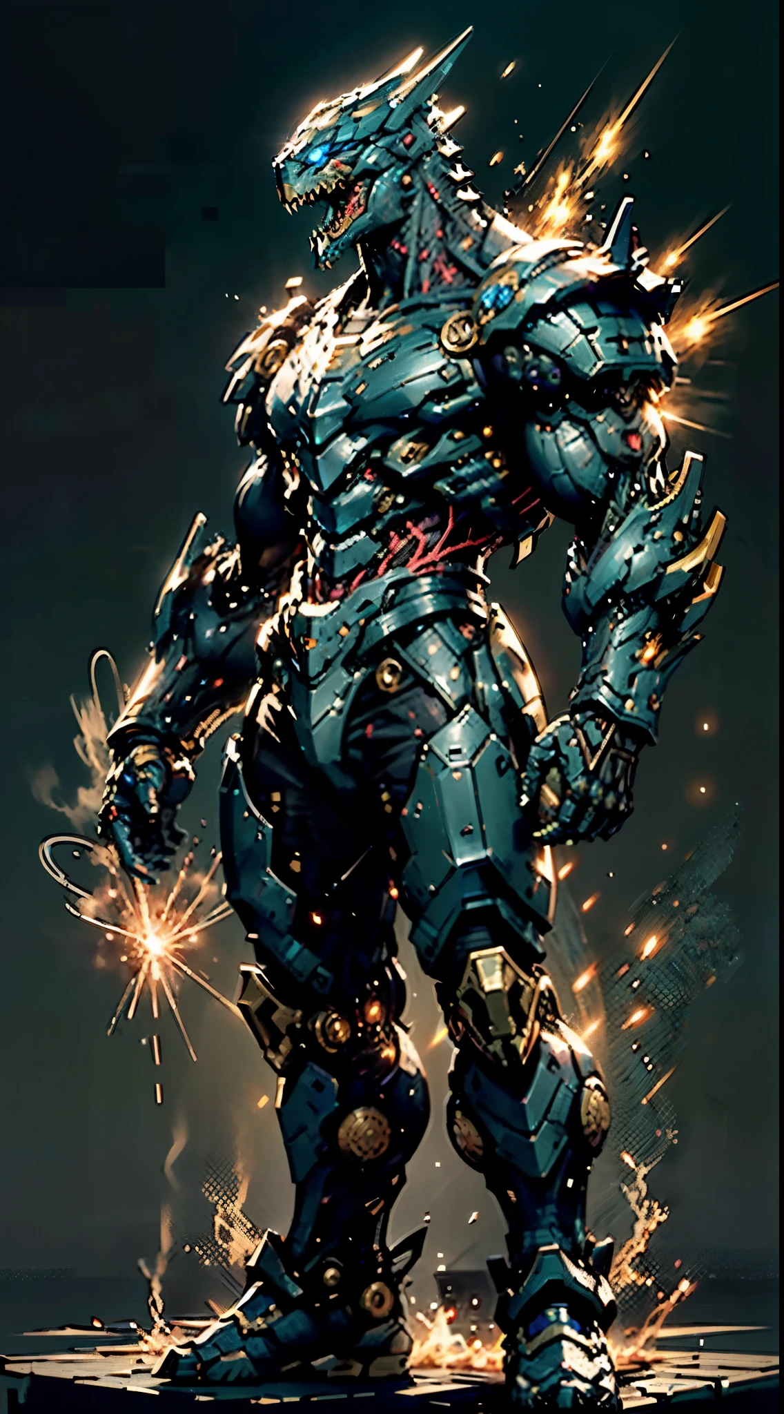 A high-tech combat armor suit inspired by Godzilla concept, Godzilla concept biotech battle armor, High-tech armored suits, psychedelic details, BiophyllTech, add electric power around, A bio-sensitive high-tech battle armor suit infused with Godzilla characteristics, The angular design on the body is illuminated and the display is charging, energy waves, Energy particles, octane render, unreal engine 5, high definition, best quality, highres, ultra-detailed, fantasy, Ultra-complex design, ultra-fine painting, extremely delicate, professional, perfect images quality, realistic, sure real, creativity, RAW photo, UHD, 32k, Natural light, cinematic lighting, best shadow, anatomically correct, masterpiece-anatomy-perfect, masterpiece:1.5