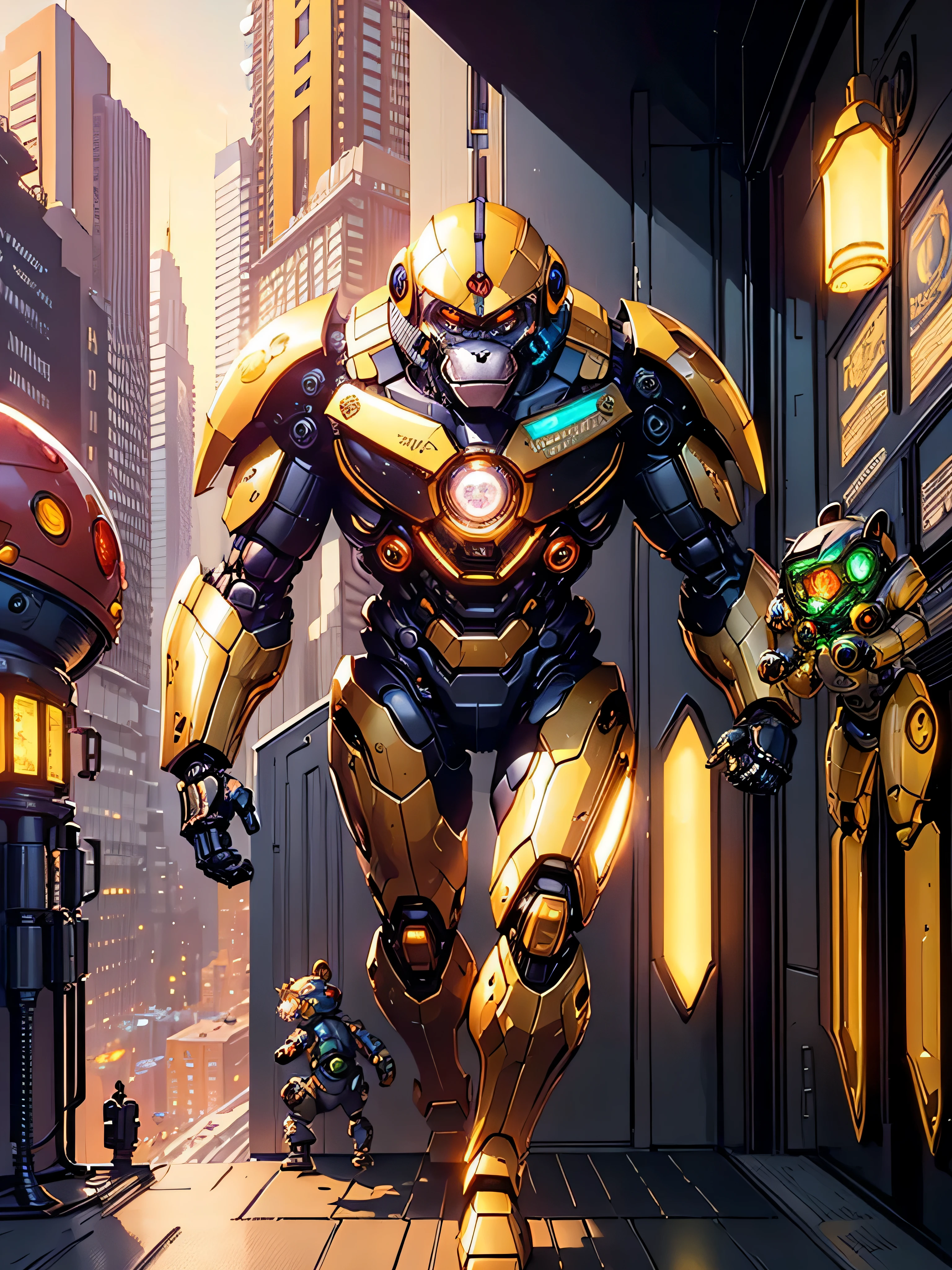 (masterpiece, best quality:1.33), A realistic and immersive digital illustration of an artificial intelligence monkey/robot made of glass/gold, having its own unique adventures. The monkey-robot is autonomous, curious and creative, In the illustration, we see the monkey-robot as it explores and navigates planet Earths city of San Francisco. It encounters and investigates various elements best quality 8k art by Ray Shark