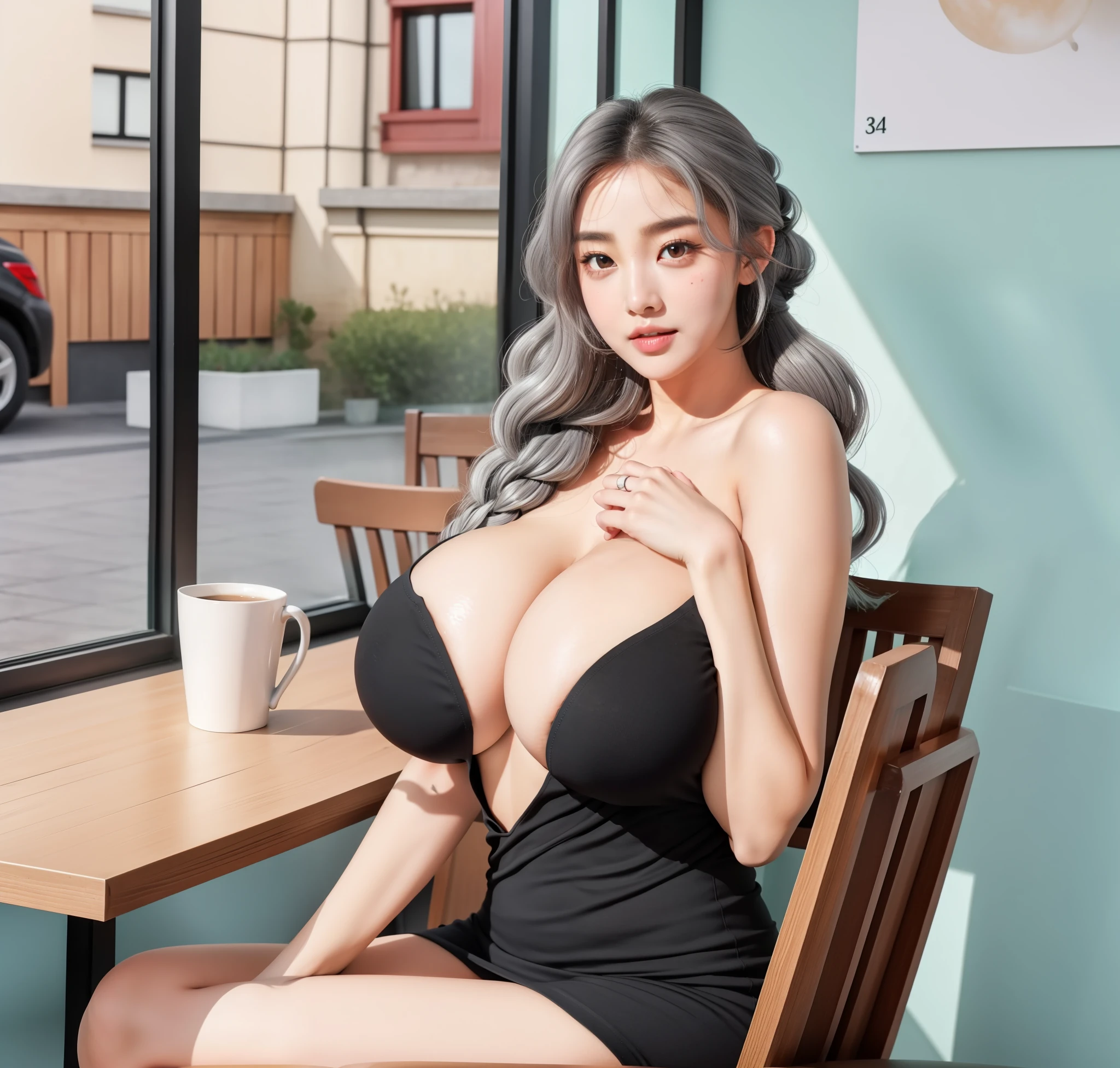 An Idol k-pop girl, (cute face:1), (lewd face:1), braid hair, intricate face details, detailed face, golden ratio face, ((huge breasts:1)), ((large breasts:1)), ((giant breasts:1)), ((big breasts:1)), ((slim waist:1)), ((big butt:1)), ((big hip:1)), ((big thighs:1)), ((thick thighs:1)), ((intricate hands:1)), ((detailled hands:1)), ((intricate feets:1)), ((detailled feets:1)), (polished skin:1,9), (sweaty:1,9), (thicc:1), (erotic:1), (perverted:1), (she is sexually aroused:1), (full body:1), (look at viewer:1), 64K, UHD, HDR, global illumination, (high quality, high detailed, hyper detailed, extremely detailed), photo realistic, ultra realistic, art photo, (clarify the details, detailed parts body), intricate artwork masterpiece, trending on artstation, (horny face:1), (dark gray eyes:1,9), (slightly curly hair:1,9), (platinum gray hair:1,9), tight clothes, sitting on the wood chair, table, a cup of coffee on table, blue wall, glass window, road, houses, Cafe, wall page, black dress, white long socks, see through long socks, left hand placed on breasts