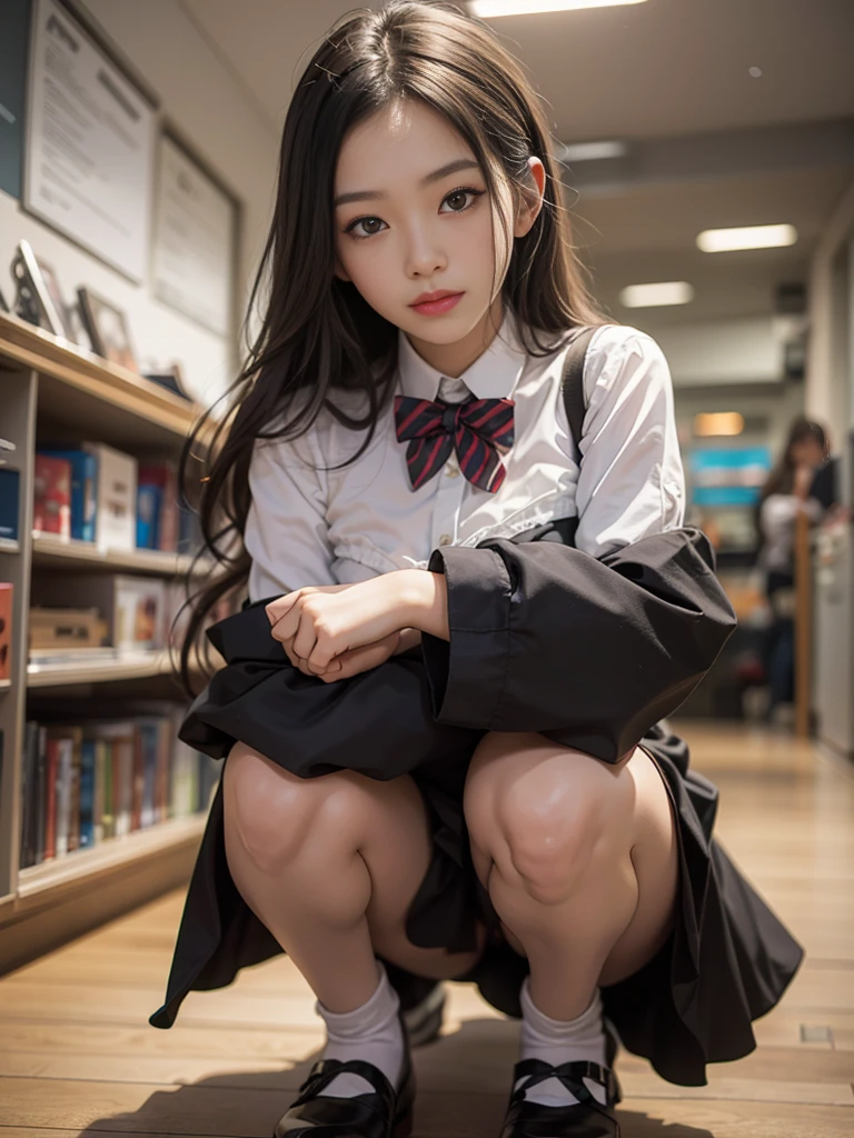 (8K, Raw photo, Best Quality, masutepiece:1.2), high-definition RAW color photography, professional photograpy, cowboyshot, (Realistic, photographrealistic:1.37), ((Best Quality)), 18 years old girl, Cinematic Light, (finerly detailed face:1.2), (masutepiece:1.5),no underwear,When I squatted down, I was wearing no panties.,I squatted down to pick up something that had fallen on the floor.,(Best Quality:1.2), (Mole:0.5), (Smiling:0.9), (Looking at Viewer:1.2), hugging own legs, Squatting, His eyes are fixed on the object on the floor., bowtie, (Detailed Maid:1.2),The inside of the skirt can be seen from the front,Between the legs can be seen from the front,long legged,Thin leg, skinny girl, Korean beauty girl,Blouse with wide open chest area,small breasts are visible,The state of the action of lowering the right hand to the floor and trying to pick up something,There is no need to consciously look at the front camera.,