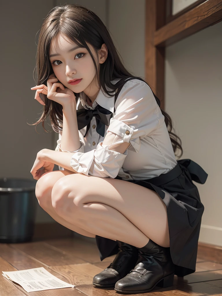 (8K, Raw photo, Best Quality, masutepiece:1.2), high-definition RAW color photography, professional photograpy, cowboyshot, (Realistic, photographrealistic:1.37), ((Best Quality)), 18 years old girl, Cinematic Light, (finerly detailed face:1.2), (masutepiece:1.5),no underwear,When I squatted down, I was wearing no panties.,I squatted down to pick up something that had fallen on the floor.,(Best Quality:1.2), (Mole:0.5), (Smiling:0.9), (Looking at Viewer:1.2), hugging own legs, Squatting, His eyes are fixed on the object on the floor., bowtie, (Detailed Maid:1.2),The inside of the skirt can be seen from the front,Between the legs can be seen from the front,long legged,Thin leg, skinny girl, Korean beauty girl,Blouse with wide open chest area,small breasts are visible,The state of the action of lowering the right hand to the floor and trying to pick up something,There is no need to consciously look at the front camera.,