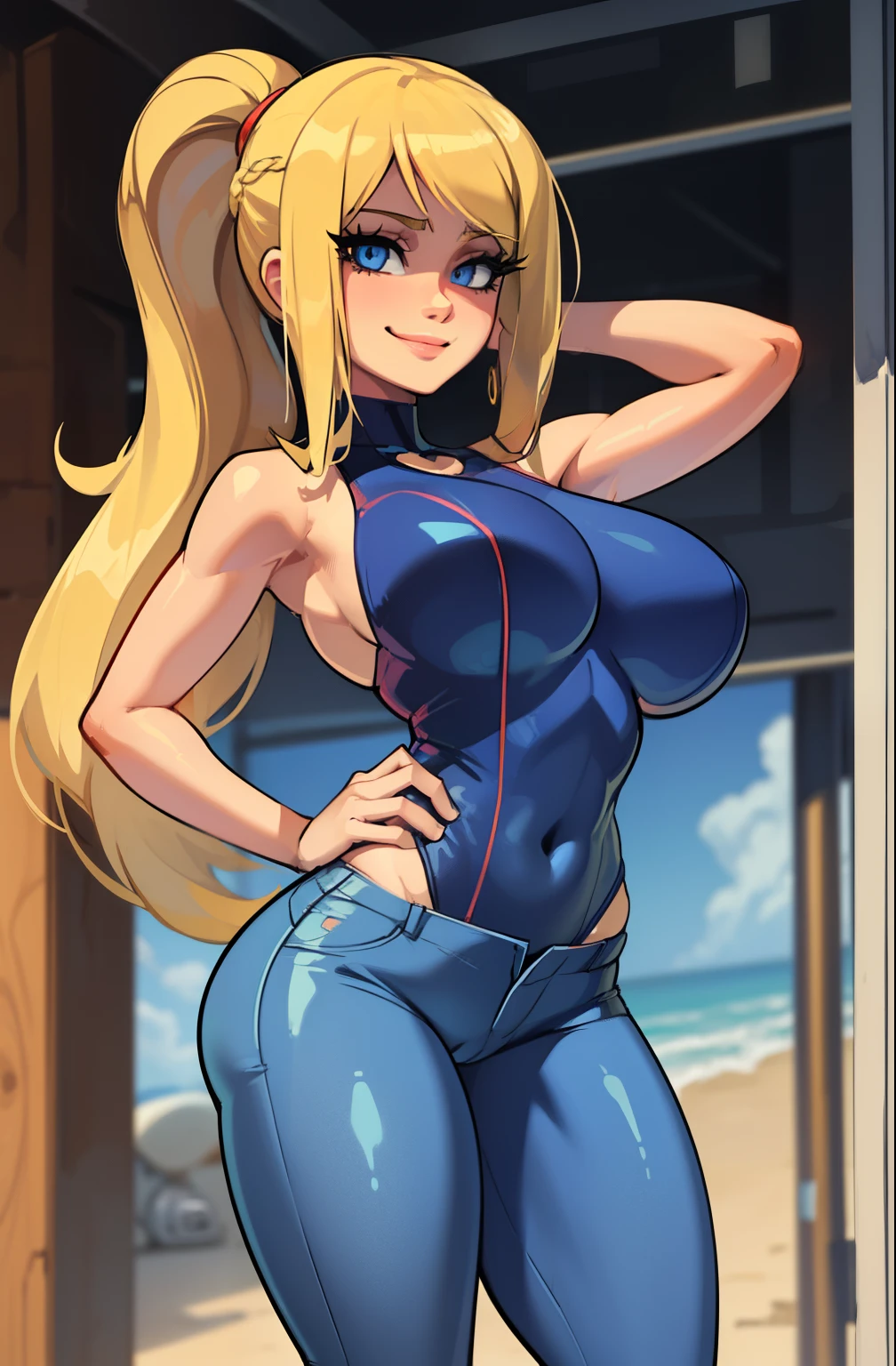 ((masterpiece)),(best quality),(detailed), 1girl, solo, (mature woman), long hair, ponytail, blond hair, wavy hair, blue eyes, smile, huge breasts, navel ((one-piece swimsuit)), ((Jeans)) pants, samus, low rise pants