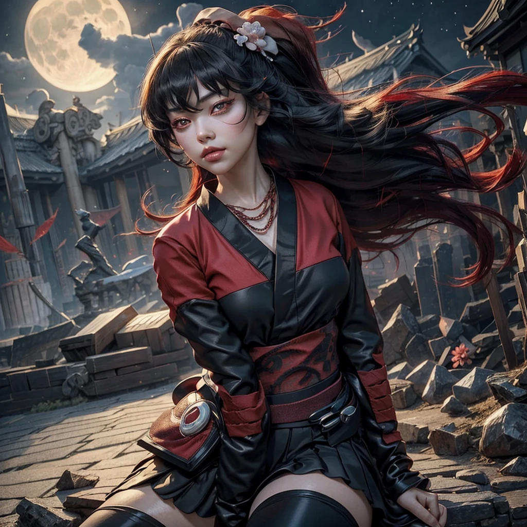 1girl, architecture, bangs, black_hair, black_kimono, breasts, east_asian_architecture, flower, full_moon, hair_between_eyes, hair_flower, hair_ornament, japanese_clothes, kimono, long_hair, looking_at_viewer, moon, moonlight, multicolored_hair, night, night_sky, obi, red_eyes, red_hair, sash, sky, solo, thighhighs